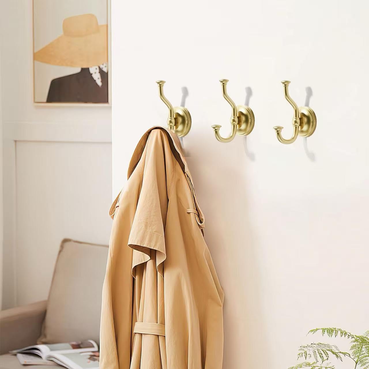 khtumeware 3 Pack 4-1/2 inch Zinc Alloy Vintage Wall Brushed Gold Large Coat Hooks Suitable for Tile, Wood Board, Glass Walls, Bathroom, Entrance Hall, Kitchen, Multi-Functional Robe Hooks