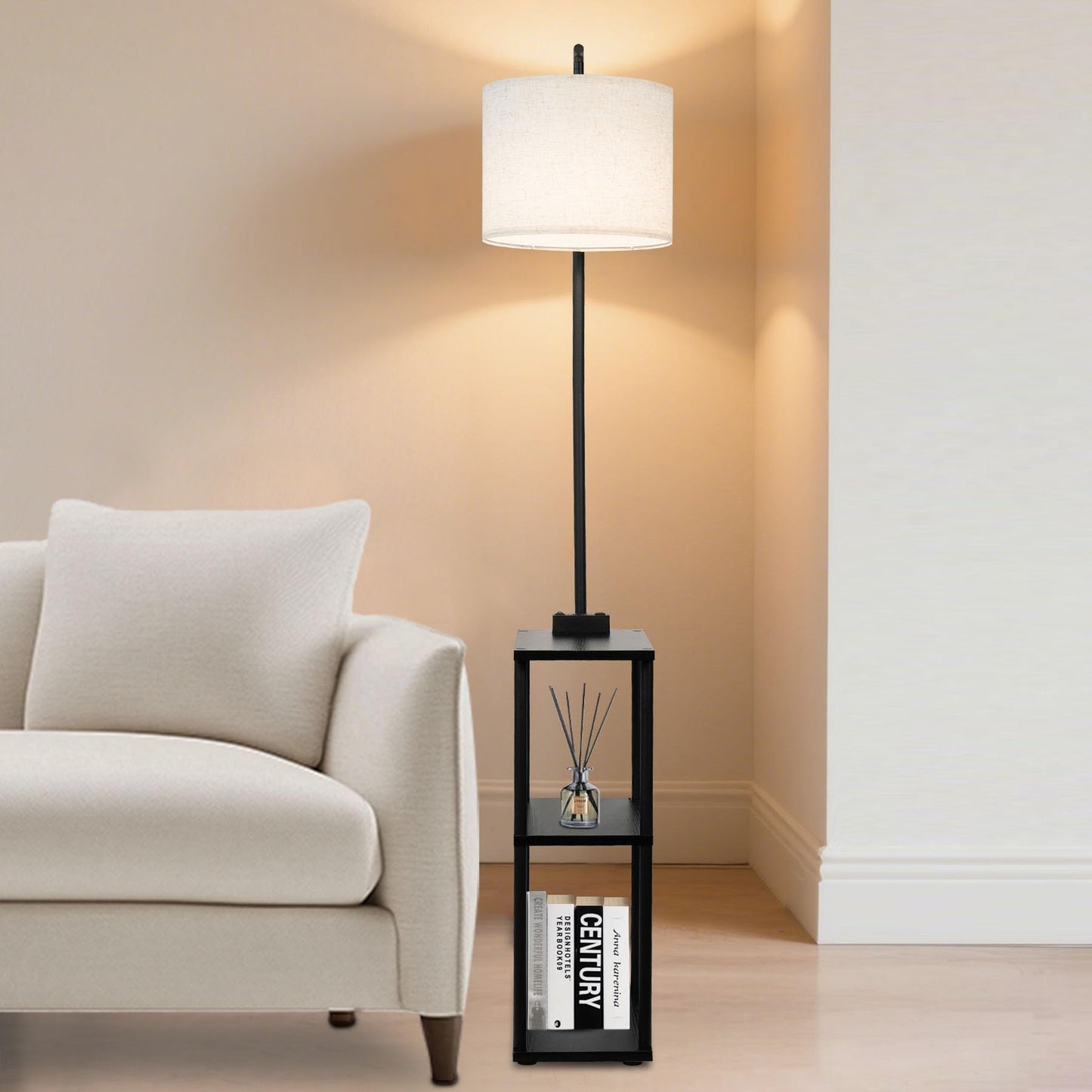 Qupui Floor Lamp with Table, Narrow Side Table with USB-A/USB-C Charging Station and AC Port, 3 Color Temperatures 12W LED Bulb, End Table for Bedroom, Living Room and Home Office, Black