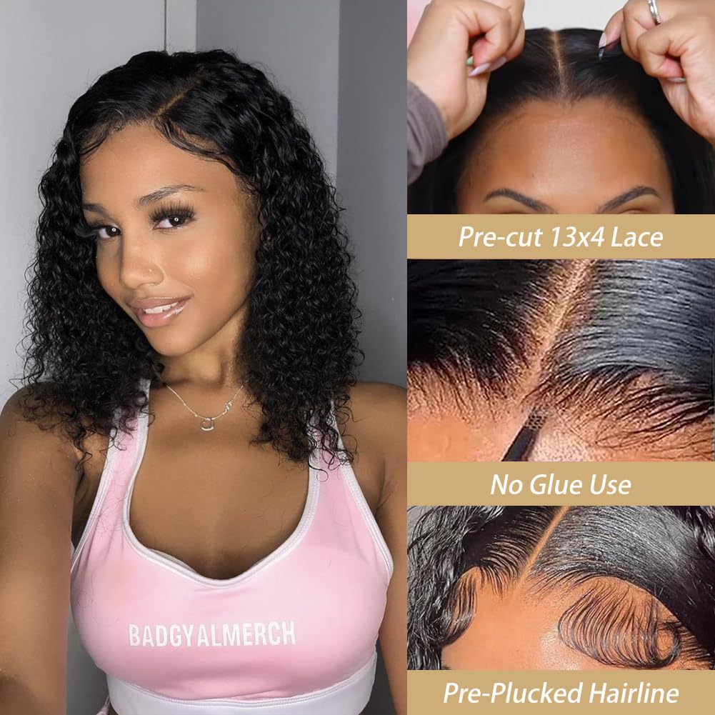 ACQUET 14 Inch Curly Bob Wig Human Hair 13x4 Lace Front Wigs Pre Cut Lace Curly Human Hair Wig For Women 180% Density Water Wave Glueless Wigs Human Hair Pre Plucked For Beginners