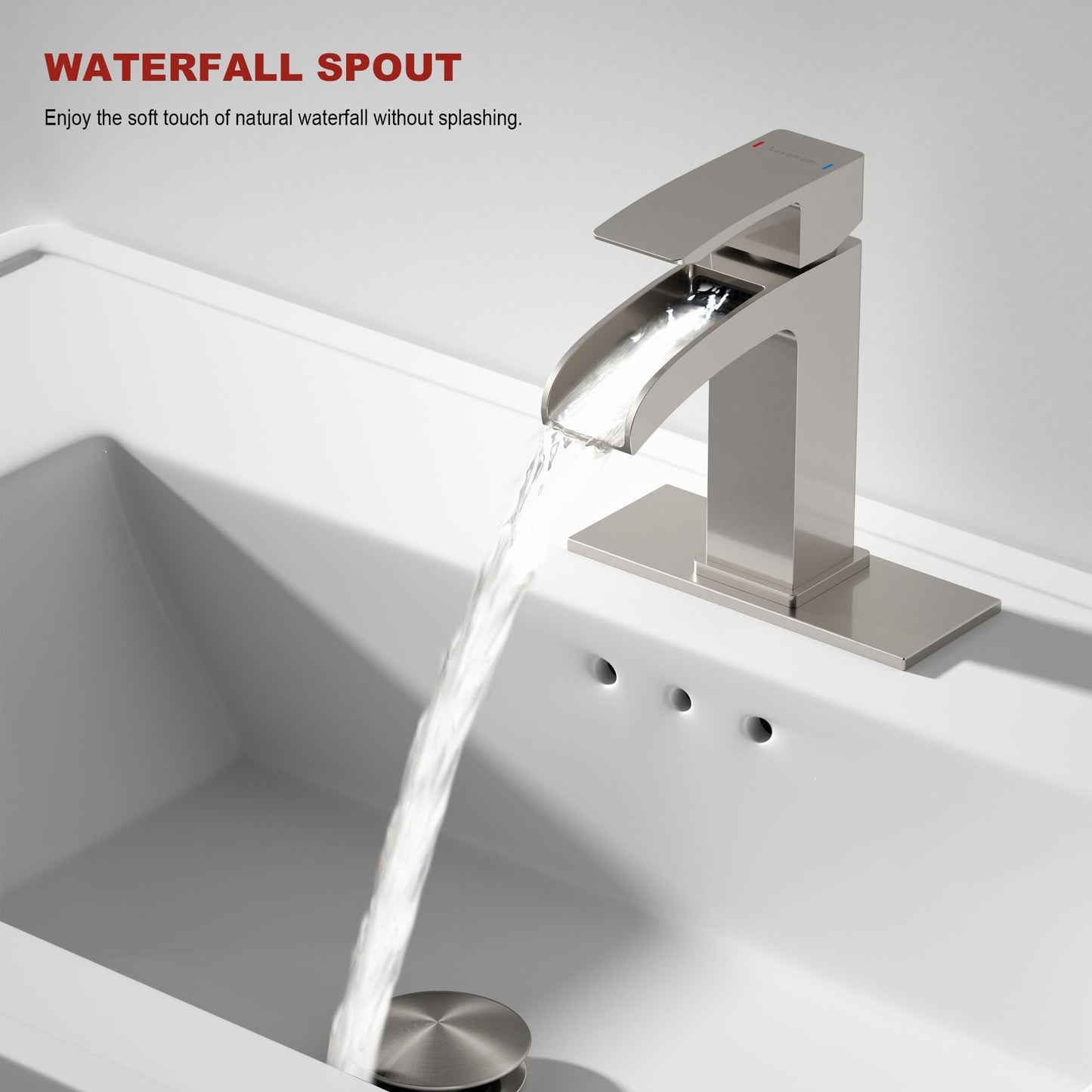 Lavatrum Brushed Nickel Bathroom Faucet Waterfall, Vanity Faucet Brass for Sink 1 Hole Single Handle Modern Mixer Tap with Pop-up Drain Stopper for Lavatory Farmhouse RV