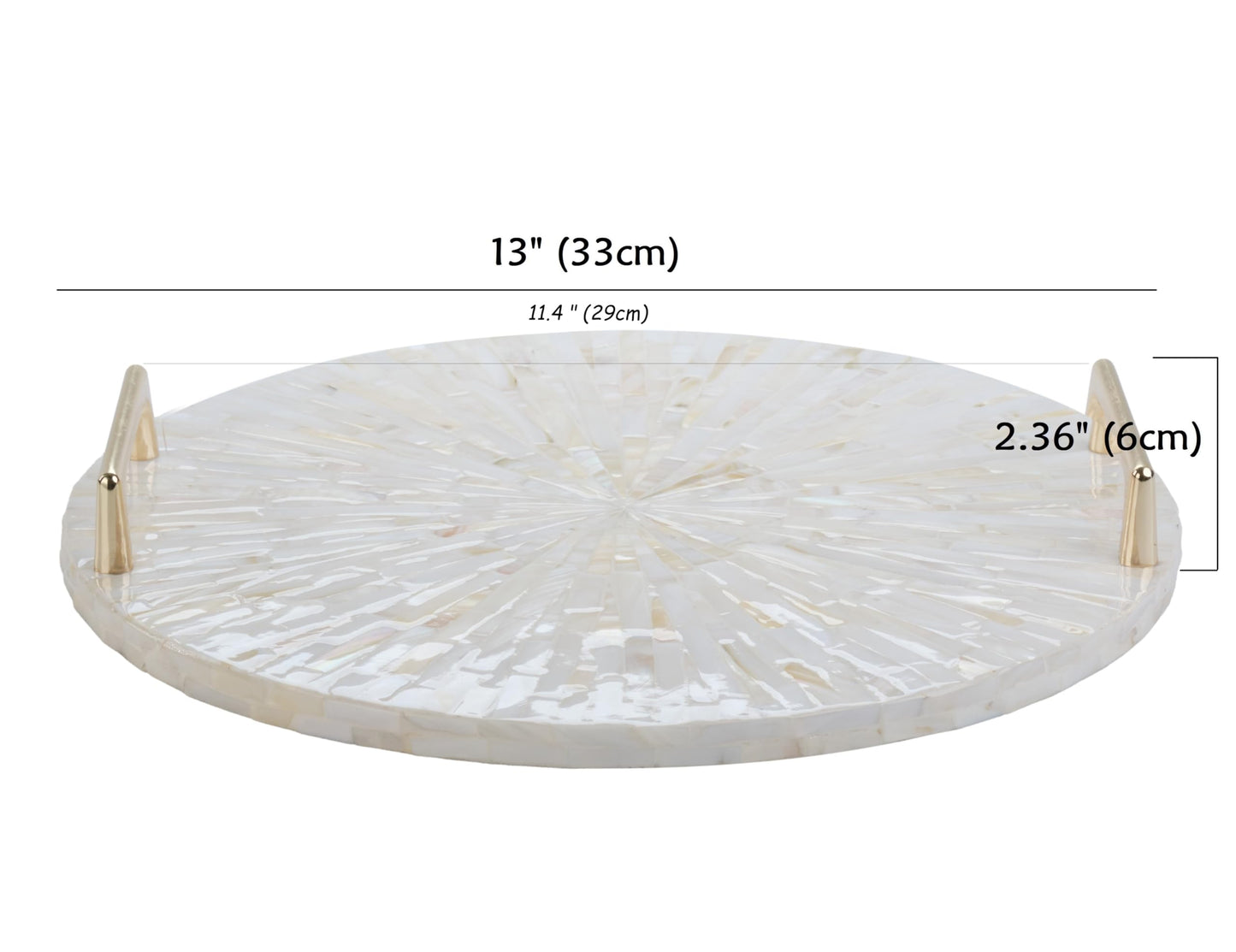 PEMAR Mother of Pearl Decorative Tray, 13"" Round with Gold Metal Handles, Vanity/Perfume/Trinket Tray, Catchall for Dresser, Bathroom, Vanity Table (White Sunlight)