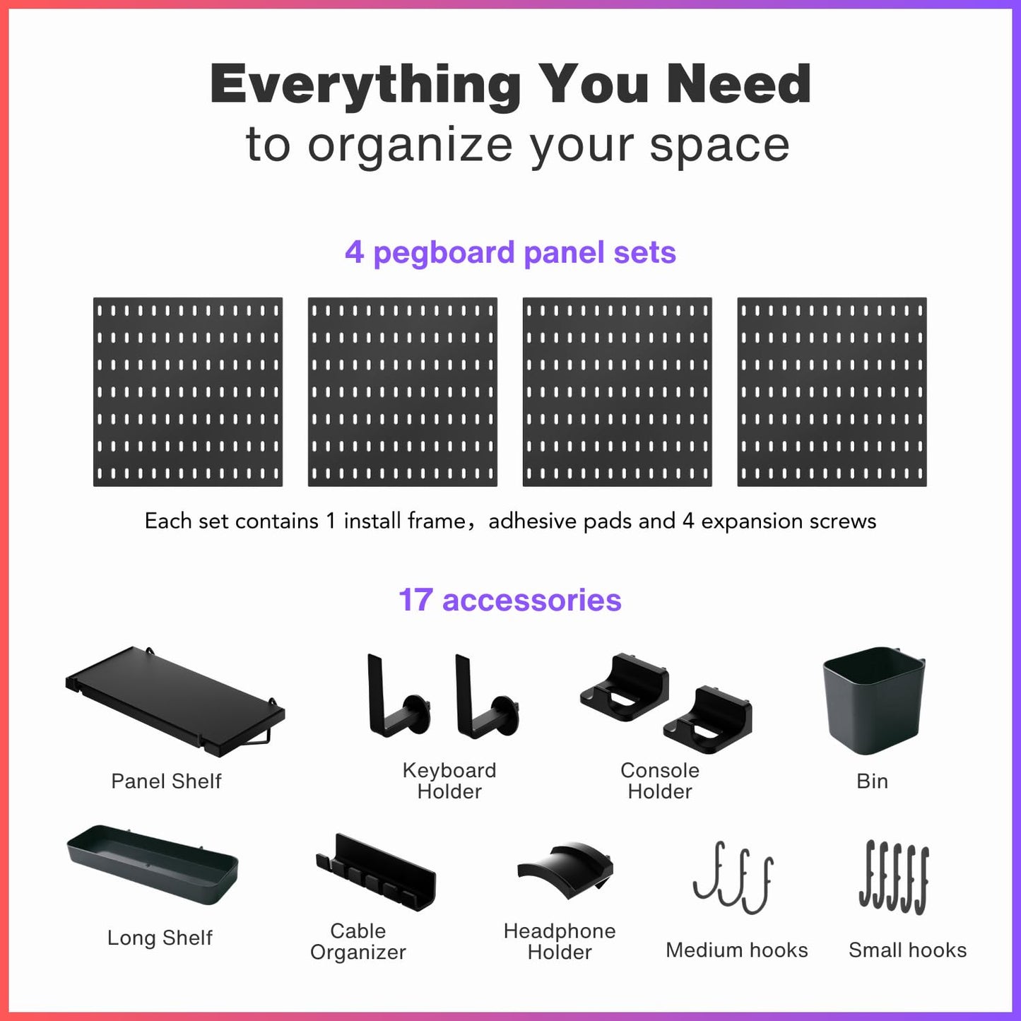 Keepo Pegboard Combination Kit, Pegboards and Accessories Modular Hanging for Gaming Setup, Gaming Station Peg Board, Gaming Organizer, Wall Game Controller Holder, Headset Stand, (Black, 22″×22″)