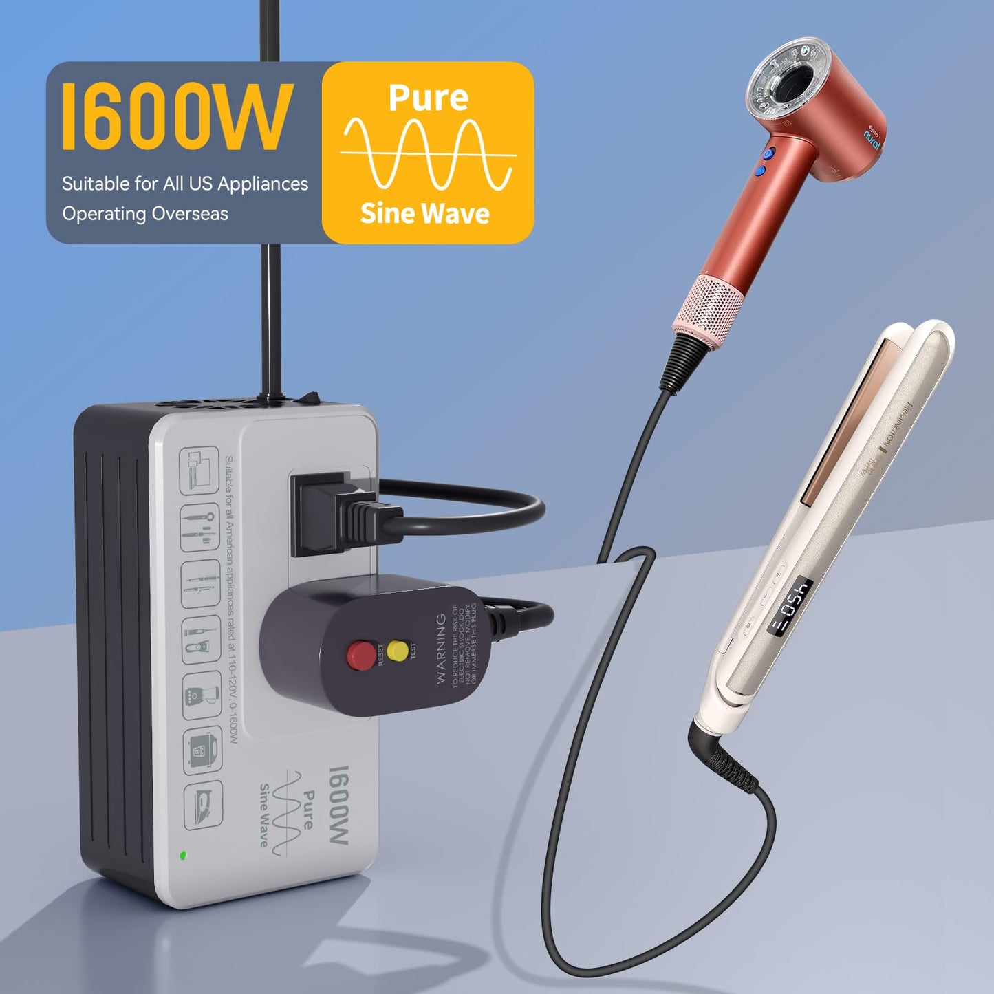HYTED 1600W Voltage Converter 220V to 110V - Power American Appliances Overseas, Pure Sine Wave, Plug & Play, No Limitations, Surge Protection - High Power Step Down Transformer US to EU/UK/AU/Asia