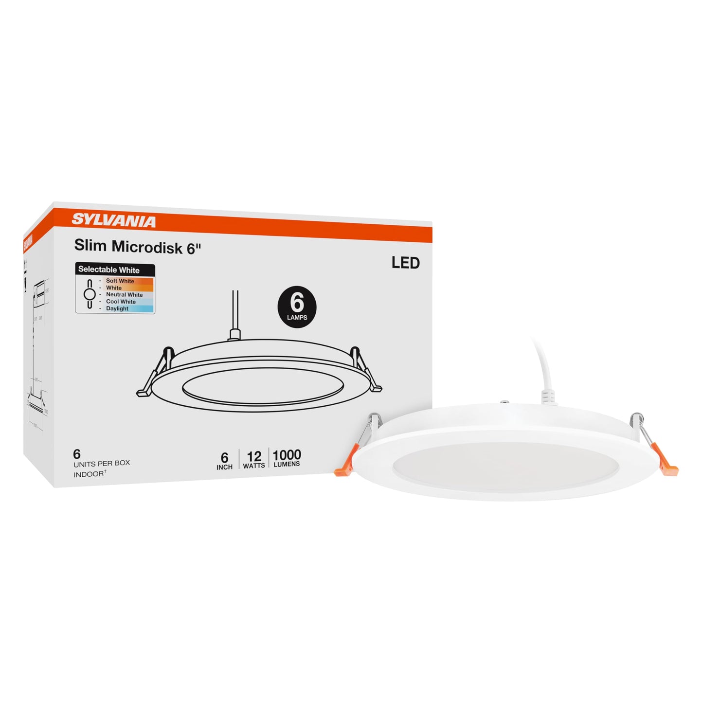 Sylvania 6" Slim Microdisk Downlight, 12W, 5 CCT Select (2700K - 5000K) Recessed Lighting, 1000 LMS, 90 CRI, Dimmable, Wet-Rated, White - 6 Pack (61190)