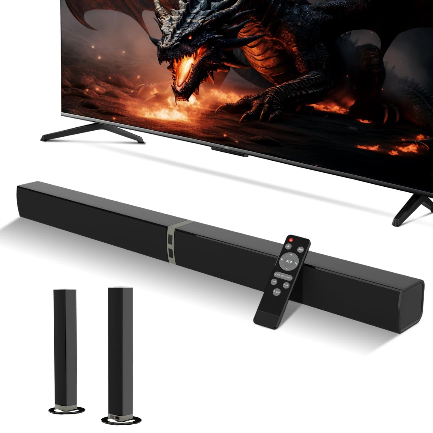 MZEIBO Sound Bar for Smart TV,80W Detachable Bluetooth Soundbar with Powerful Bass, 2-in-1 Home Theater Audio System, ARC/Optical/AUX Connectivity for TV/PC/Laptop/Game Console