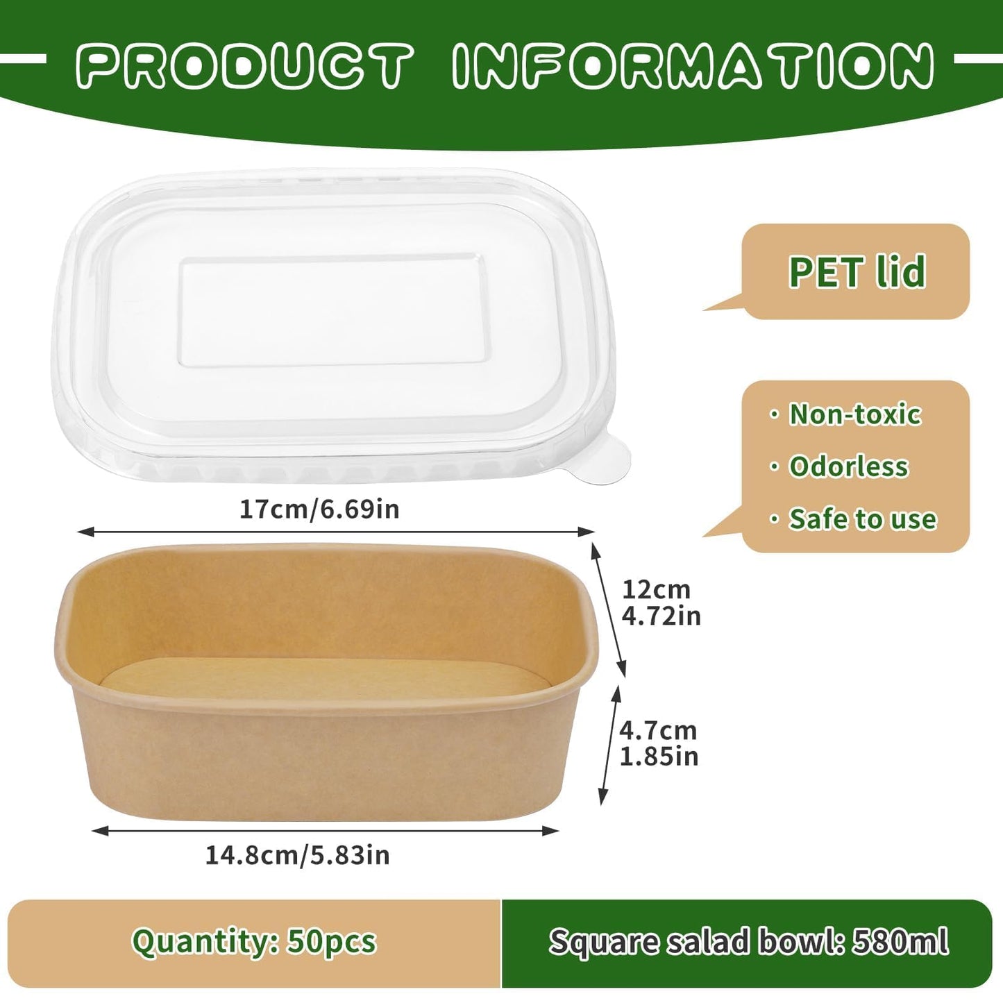 Fniiva 50 Pack 19 oz Paper Bowls, Disposable Food Containers with Lids, Rectangular Disposable Bowls with Lids, Disposable Salad Bowls with Lids for Diet Salad, Ice Cream, Yogurt, Party Food