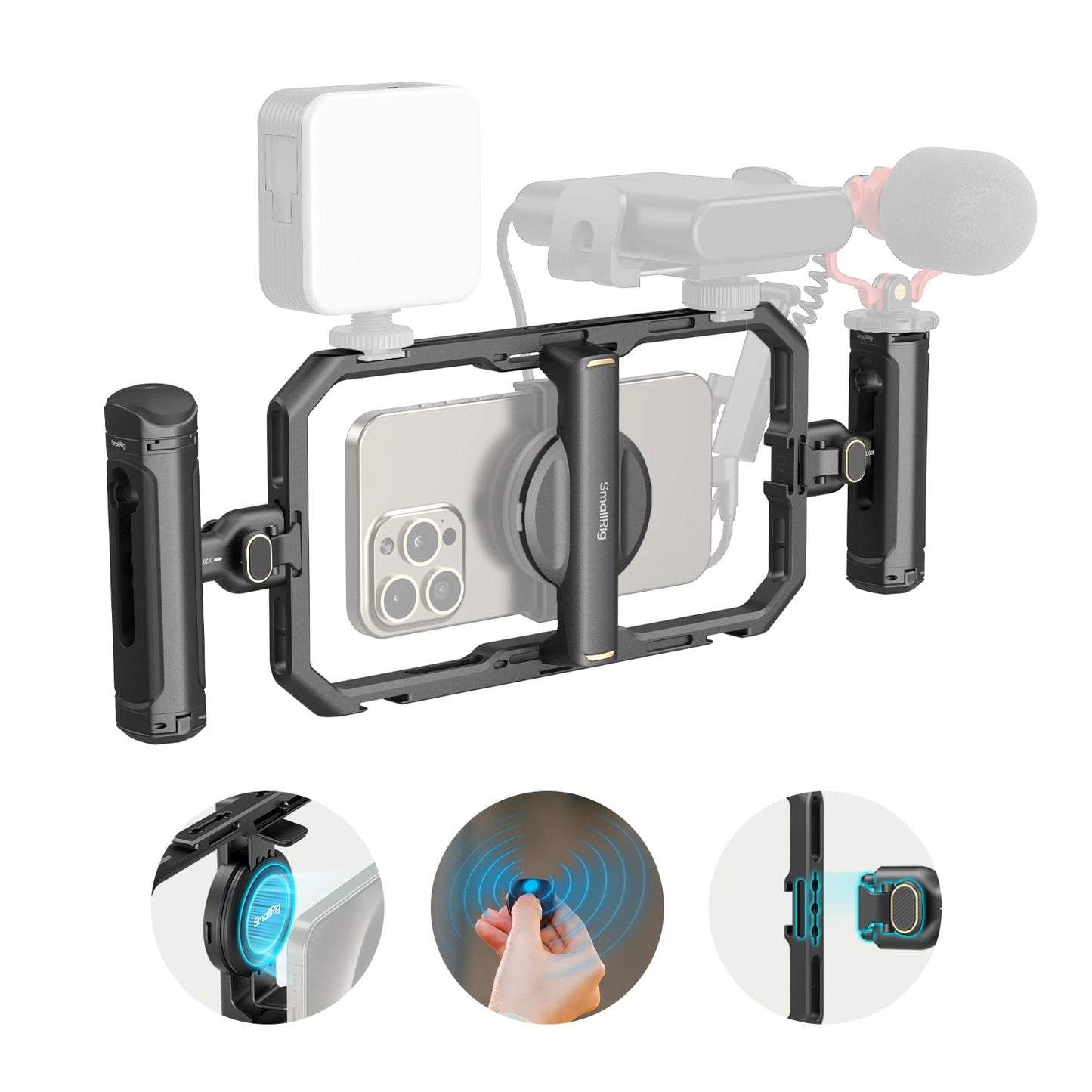 SmallRig Universal Quick Release Phone Cage Kit Basic, Aluminum Smartphone Video Rig Kit with Wireless Control Dual Handles and Phone Clip, for MagSafe, for iPhone 17 16 15 for Samsung for Pixel