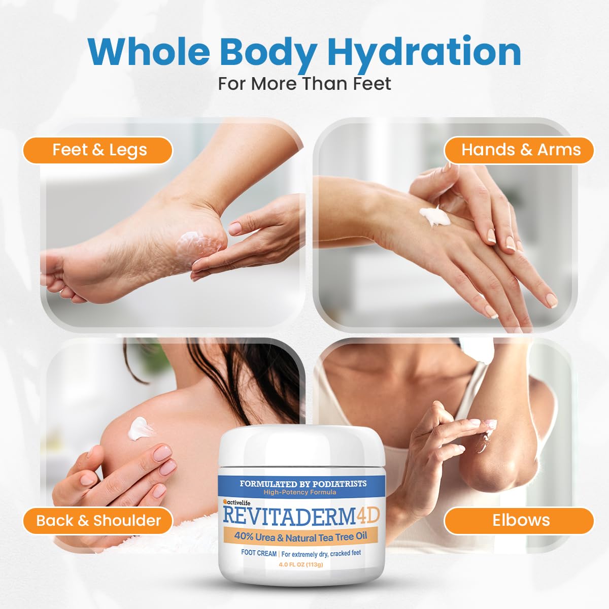 activelife - Revitaderm 4D Urea Cream 40 Percent for Feet Maximum Strength, for Dry Hands, Elbows and Knees, Callus Remover for Feet, Free Pumice Stone, 4oz, 1 Pack