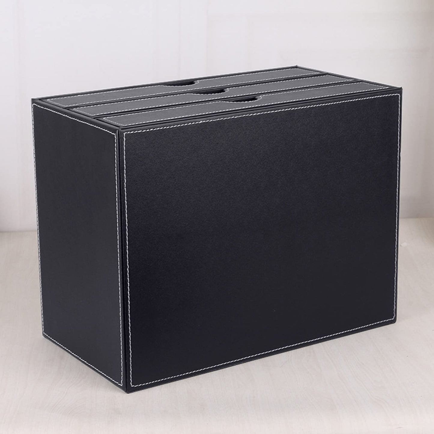 RHCSZ High-end PU Leather Desk Organizer File Cabinet Executive Office Supplies Desktop Filing A4 File Cabinet Stackable Storage Organizer Box with 3 Drawers (Black)…