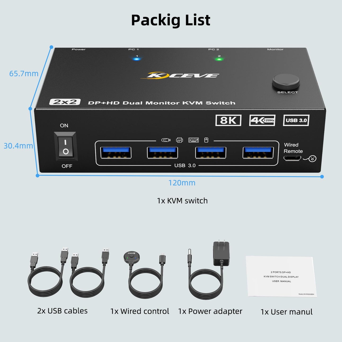 8K KVM Switch 2 Monitors 2 Computers Displayport HDMI, Dual Monitor USB 3.0 DP KVM Switcher Supports 8K@60Hz for 2 Computers Share Keyboard, Mouse and Monitor