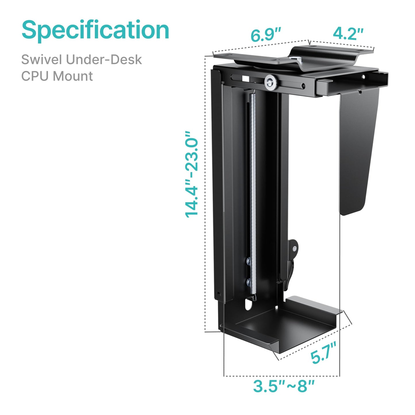 PEGZONE Adjustable Under Desk PC Mount, 3.5 to 8 Inch Wide Computer Tower Holder with Locking Handle,360 Degree Swivel Adjustable Height and Width, Black
