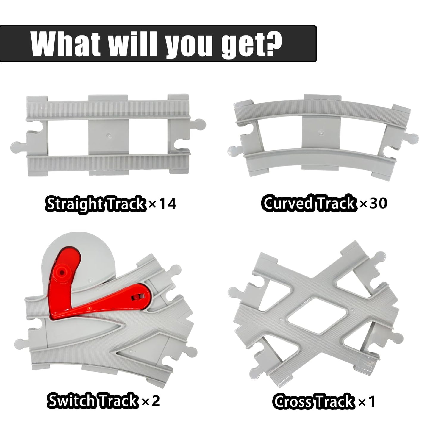 47-Piece Train Track Set,Classic Railway Track with 30 Curved Tracks,14 Straight Tracks,2 Switch and 1 crossoverTracks-Compatible with All Major Brands,Light Grey Toy Track Accessory for Kids