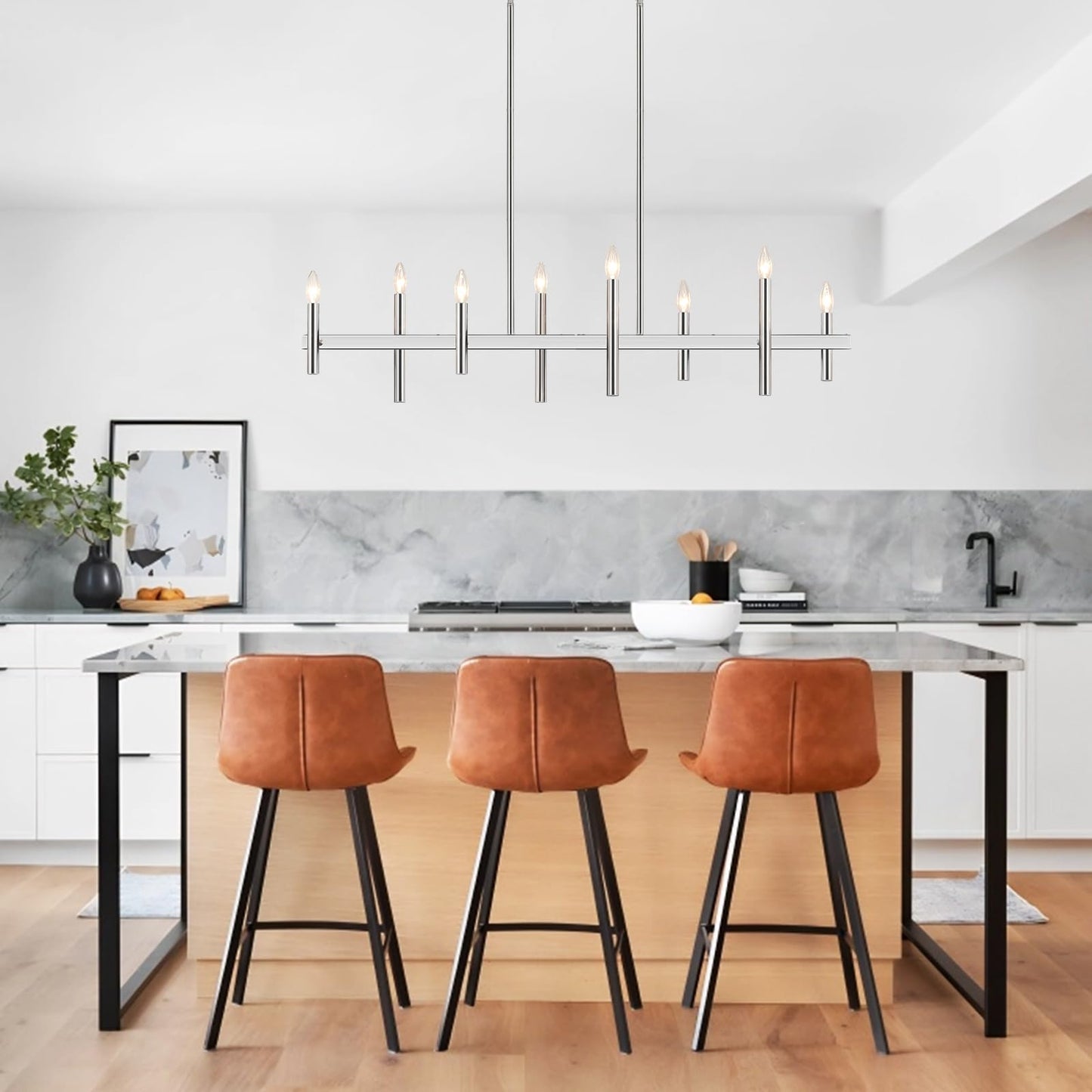 47” Brushed Nickel Chandelier Kitchen Island Lighting 8-Light Linear Pendant Light Fixtures Contemporary Modern Chandeliers for Dining Room Over Table Hanging Light for Living Room Bar Pool Table