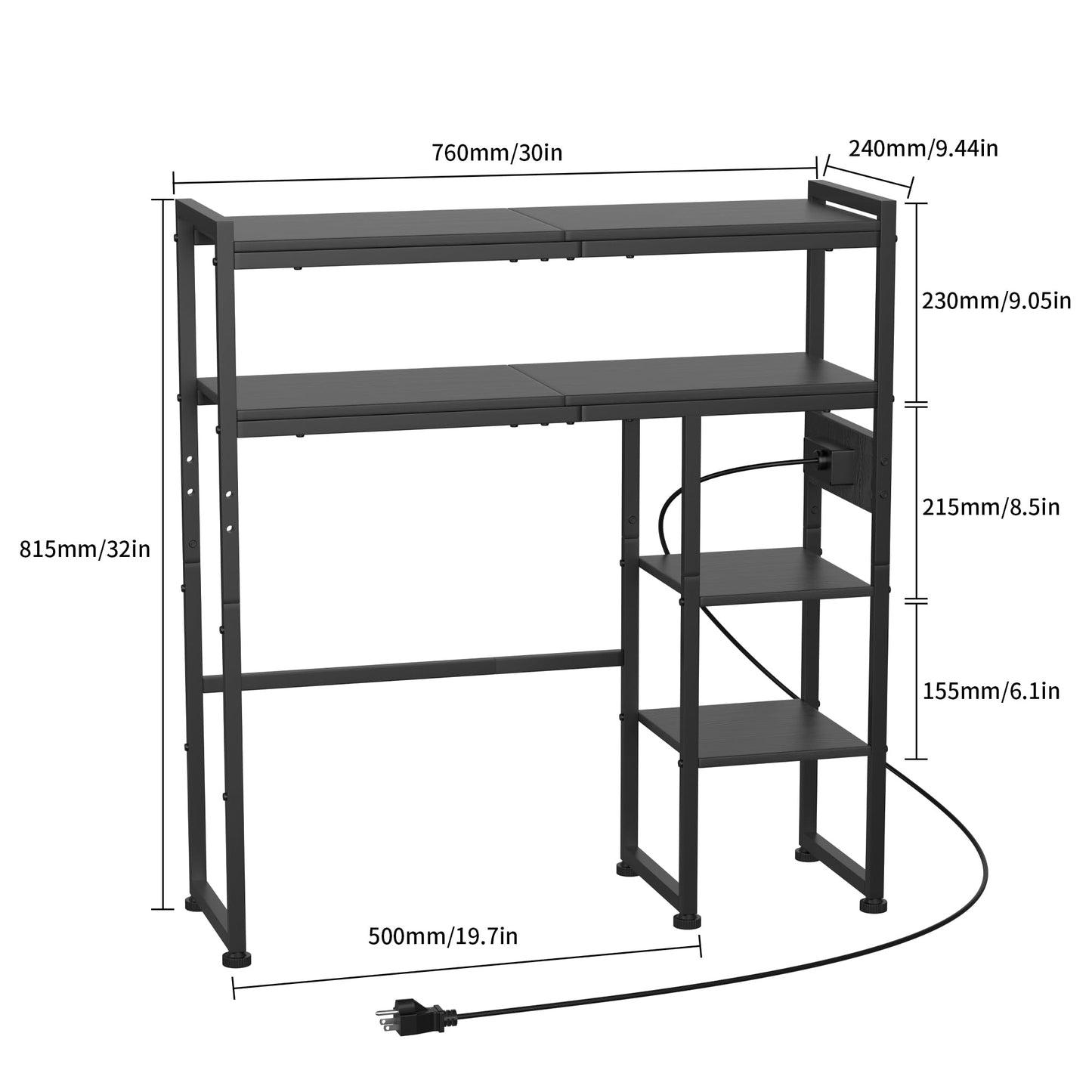 Aetheris Desktop Organizer Shelf, 30" Wooden Office Storage Rack with Outlets, Display Shelf Rack with Light Strip, 5 Tier Desktop Display Rac, Desk Shelf, Desk Hutch for Computer Monitor (Black)
