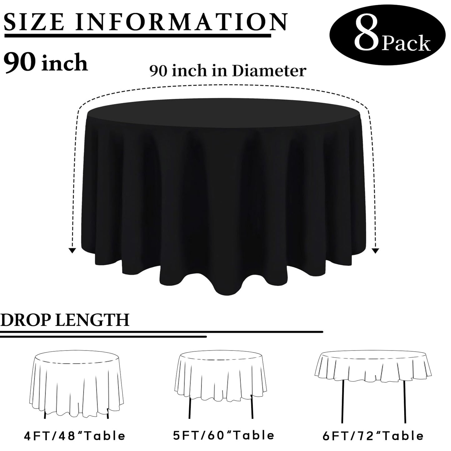 8 Packs 90 Inch Black Round Tablecloth in Diameter, Washable Polyester Fabric Tablecloths, Wrinkle Resistant Table Cloth for Wedding Party Banquet Dining