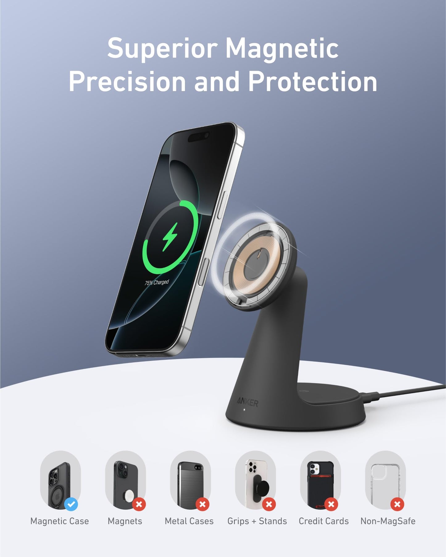 Anker MagSafe Compatible 2-in-1 Charging Stand, iPhone 16 Wireless Charger, Qi2 Certified 15W, Adjustable and Super Strong, for iPhone 16/15/14/13/12 Series, AirPods (40W USB C Adapter Included)