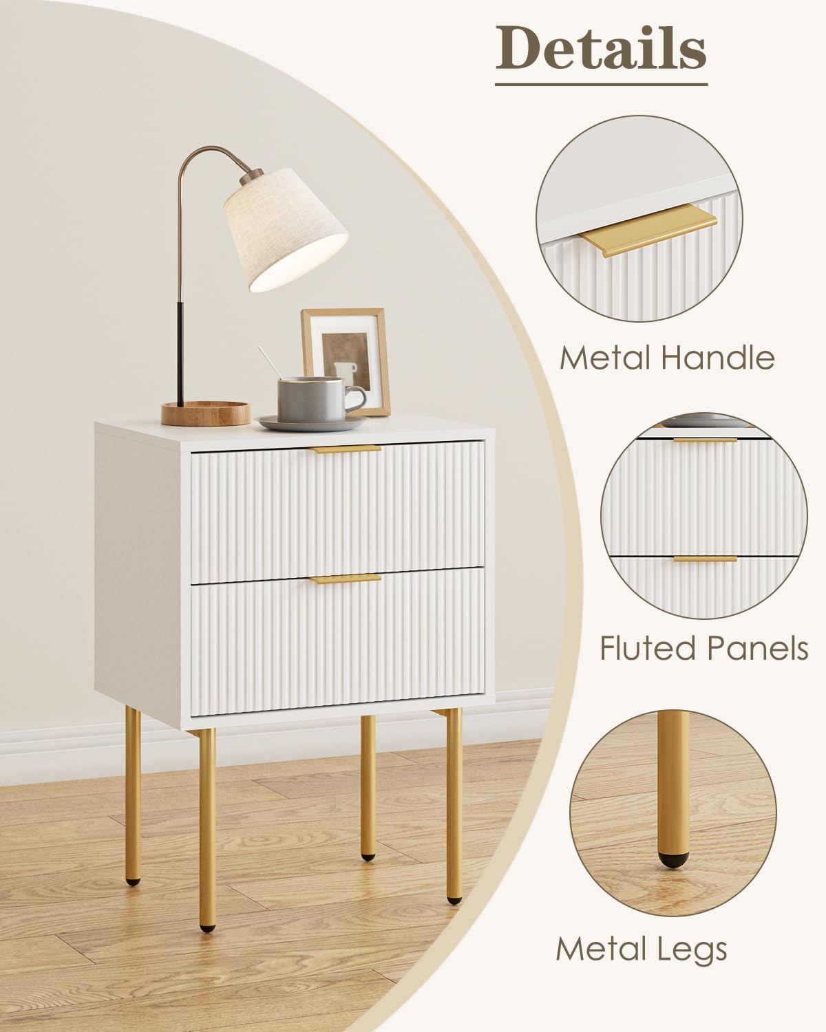 Aienvey Night Stand, Modern Nightstand with Drawers, Bedside Table, Gold Small Side Table for Bedroom, Living Room End Table (White Stripe, 2 Drawers)