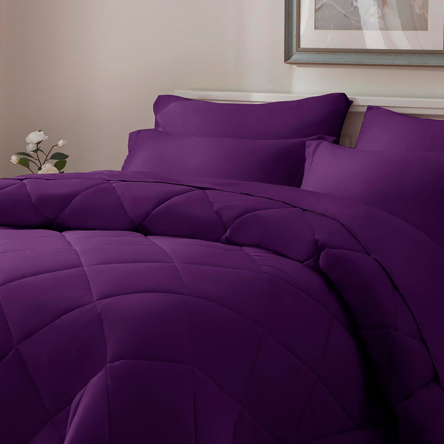 ELNIDO QUEEN® Purple Comforter Set Queen - 7 Pieces Bed in a Bag Queen Size, Bed Set for All Seasons, Ultra Soft Bedding Sets with Comforter, Flat Sheet, Fitted Sheet, Pillowcases and Pillow Shams