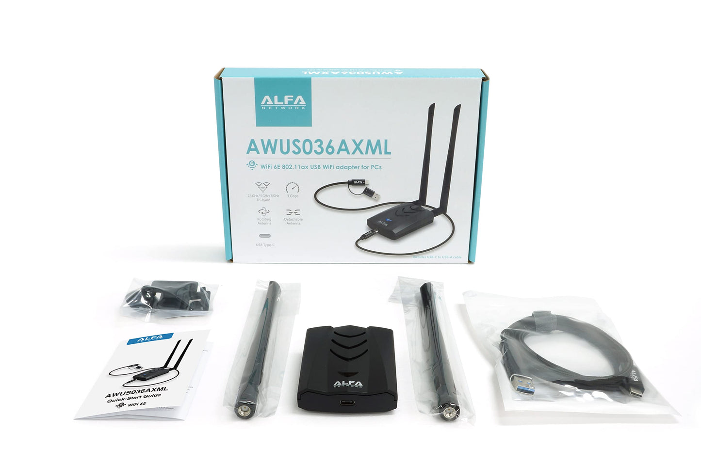 ALFA NETWORK AWUS036AXML 802.11axe WiFi 6E USB 3.0 Adapter AXE3000, Tri Band 6 GHz, Gigabit Speed up to 3Gbps
