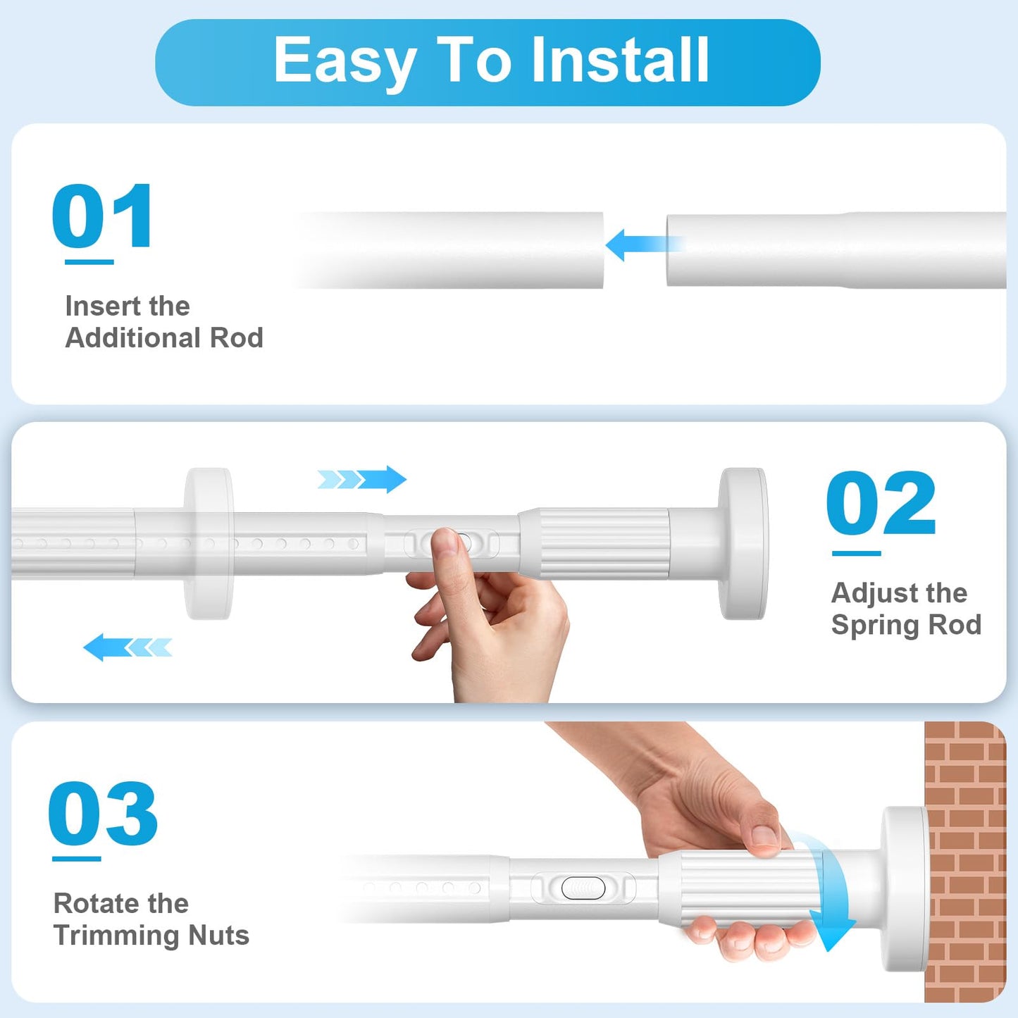 QINGYUN Extra Long No-Drill Tension Curtain Rod 40-166 Inches (4-14Ft), Heavy Duty Adjustable Rod for Outdoor Patio Curtains, Large Windows, Room Divider & Bathroom, White