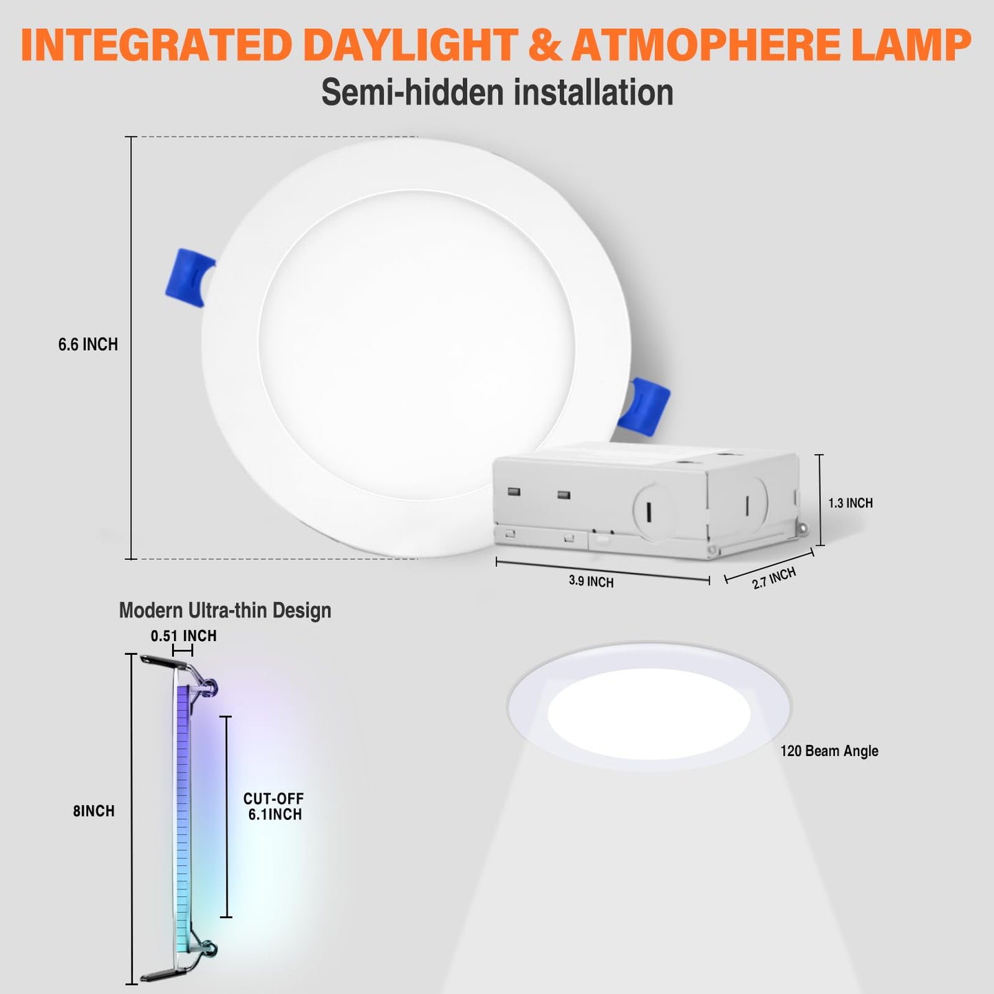 12Pack Smart RGB Recessed Lighting 6Inch,Ultra-Thin Canless LED Downlight, 2.4GHz Wi-Fi Bluetooth Direct Connect, 2700K-6500K,12W,1080LM,Work with Tuya App, Alexa,Google Assistant, Music Sync