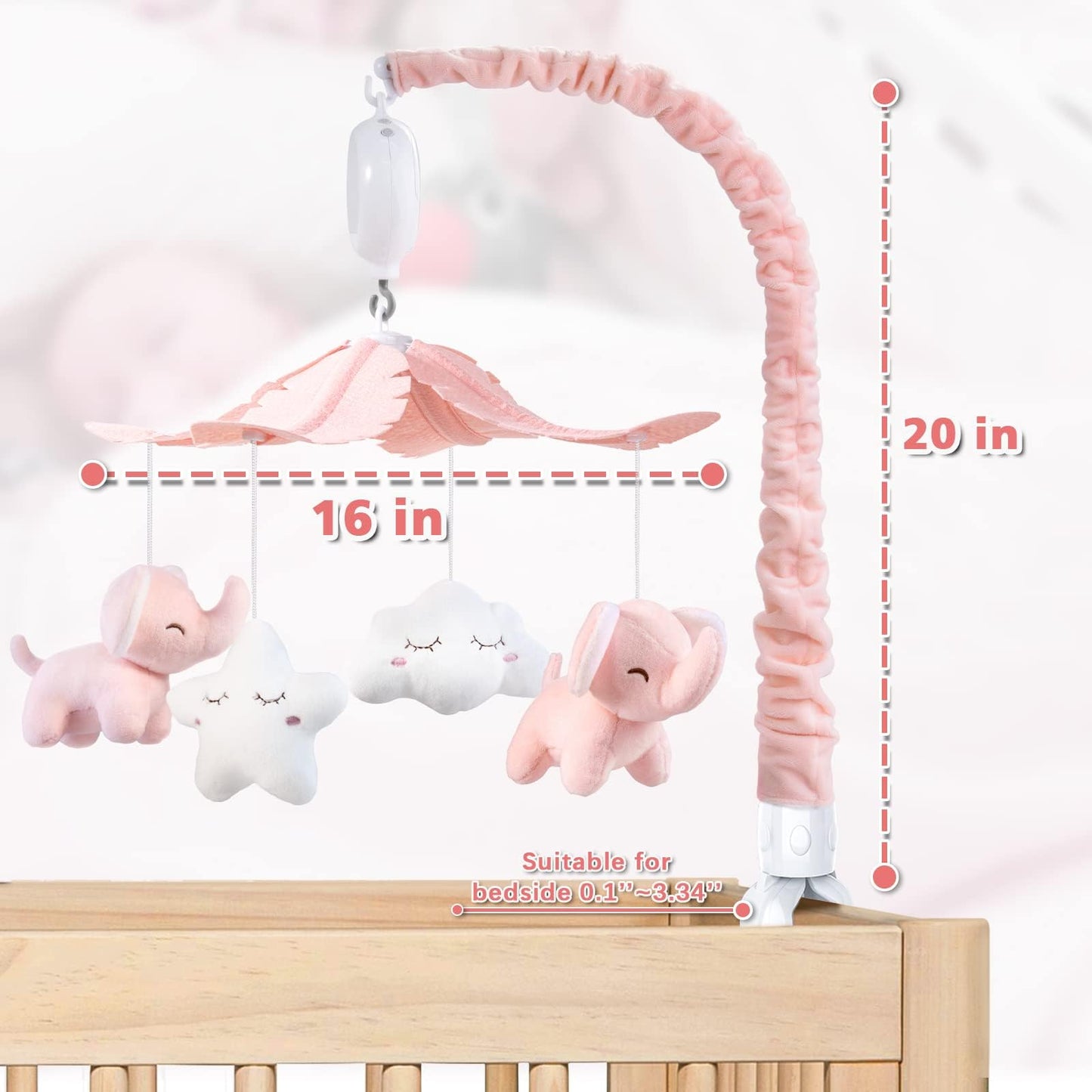 FEISIKE Mobile for Crib Bassinet Girls Baby Mobiles with 3 Modes Digital Music Box(Turn Only, Music Only, Turn & Music, 35 Lullabies, Pink Elephant Nursery Mobile, Clamp Type, Pretty Box Packaging