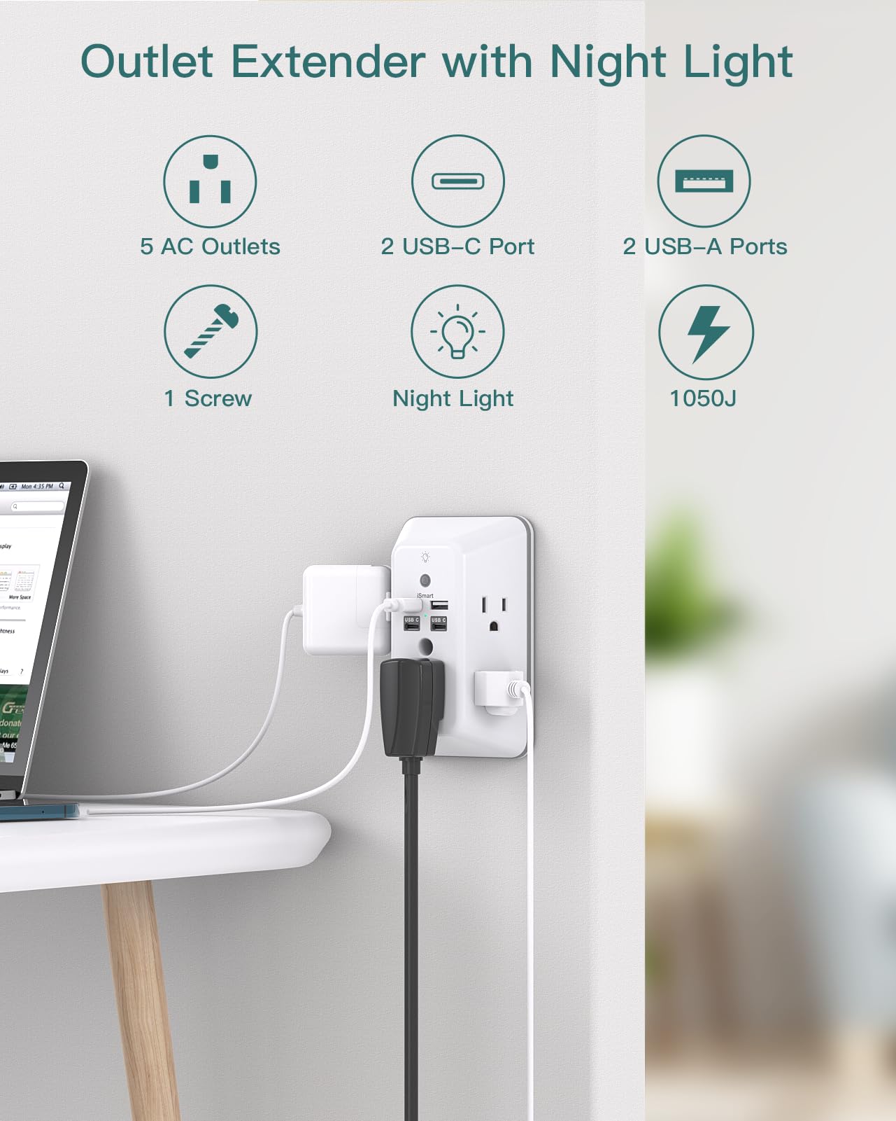 Surge Protector, Outlet Extender with Night Light, Addtam 5-Outlet Splitter and 4 USB Ports(PD 20W), Multi Plug Wall Outlet Power Strip for Home Office Dorm Room Essentials