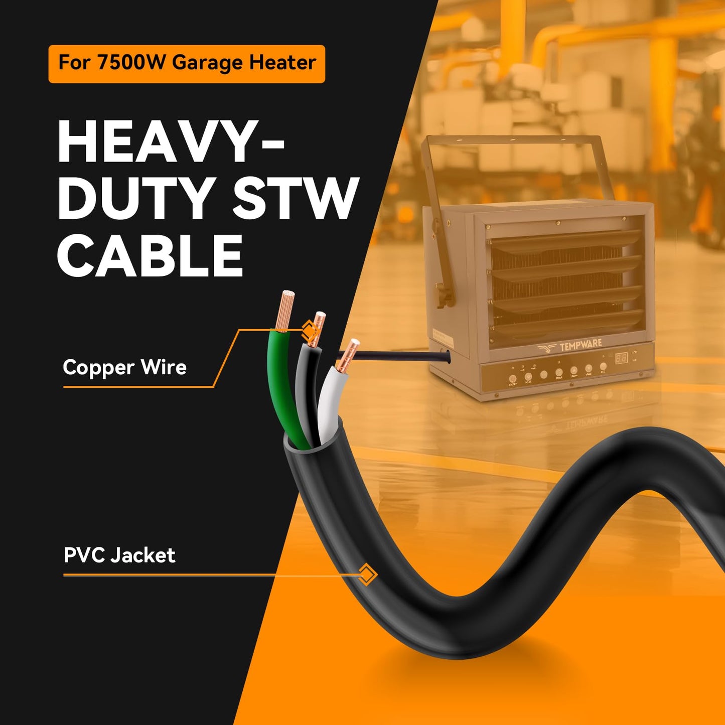 15FT 8 AWG 3 Prong Replacement Power Cord with N6-50P Plug, Heavy Duty 40AMP 250V Extension Cable with Pigtail Open Wiring End - Suitable for TEMPWARE 7500W Electric Garage Heater
