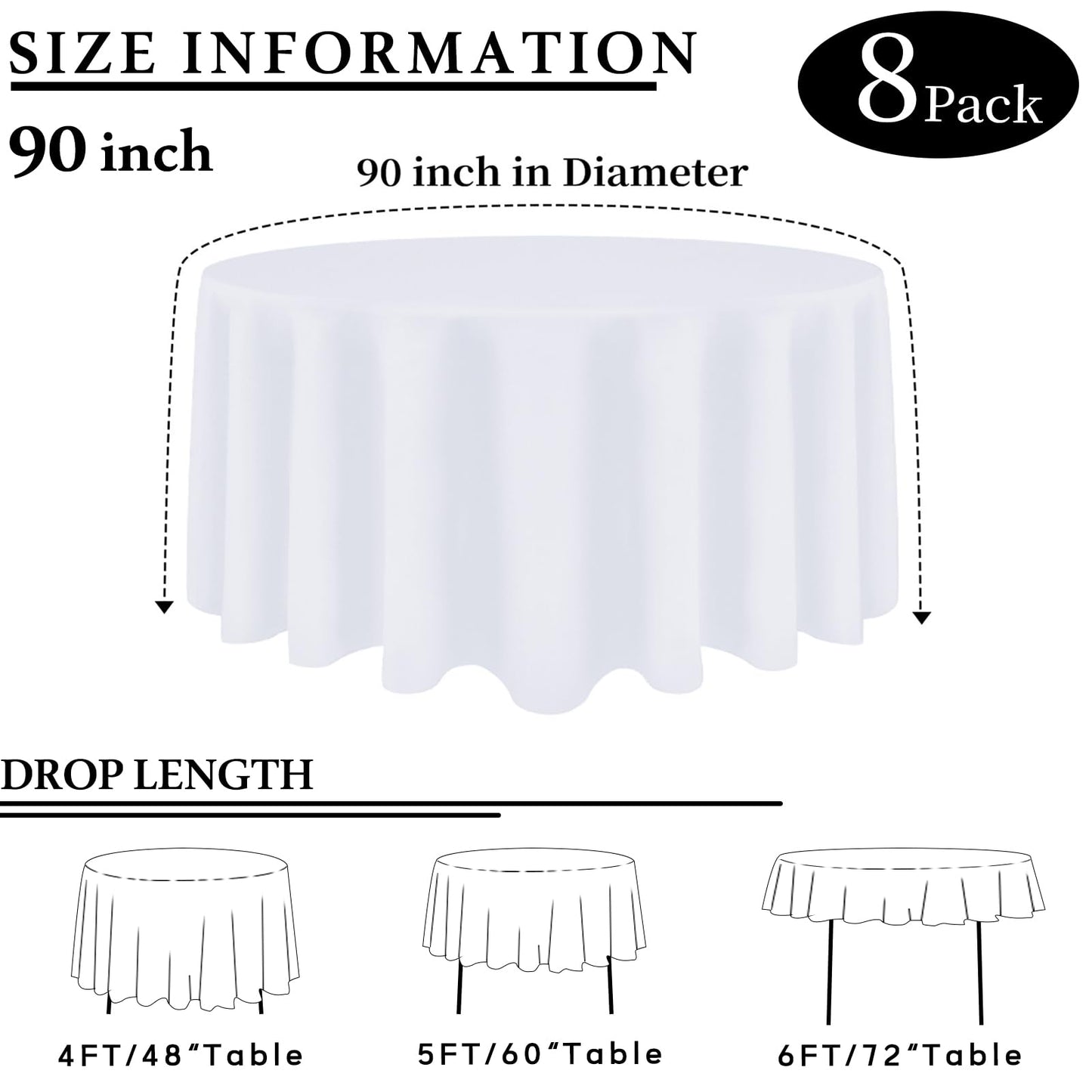 8 Packs Round Tablecloth 90 Inch White Table Cloth for Circle Tables, Washable Polyester Fabric Tablecloths, Wrinkle Resistant Table Cloth Round Cover for Wedding Party Banquet Dining