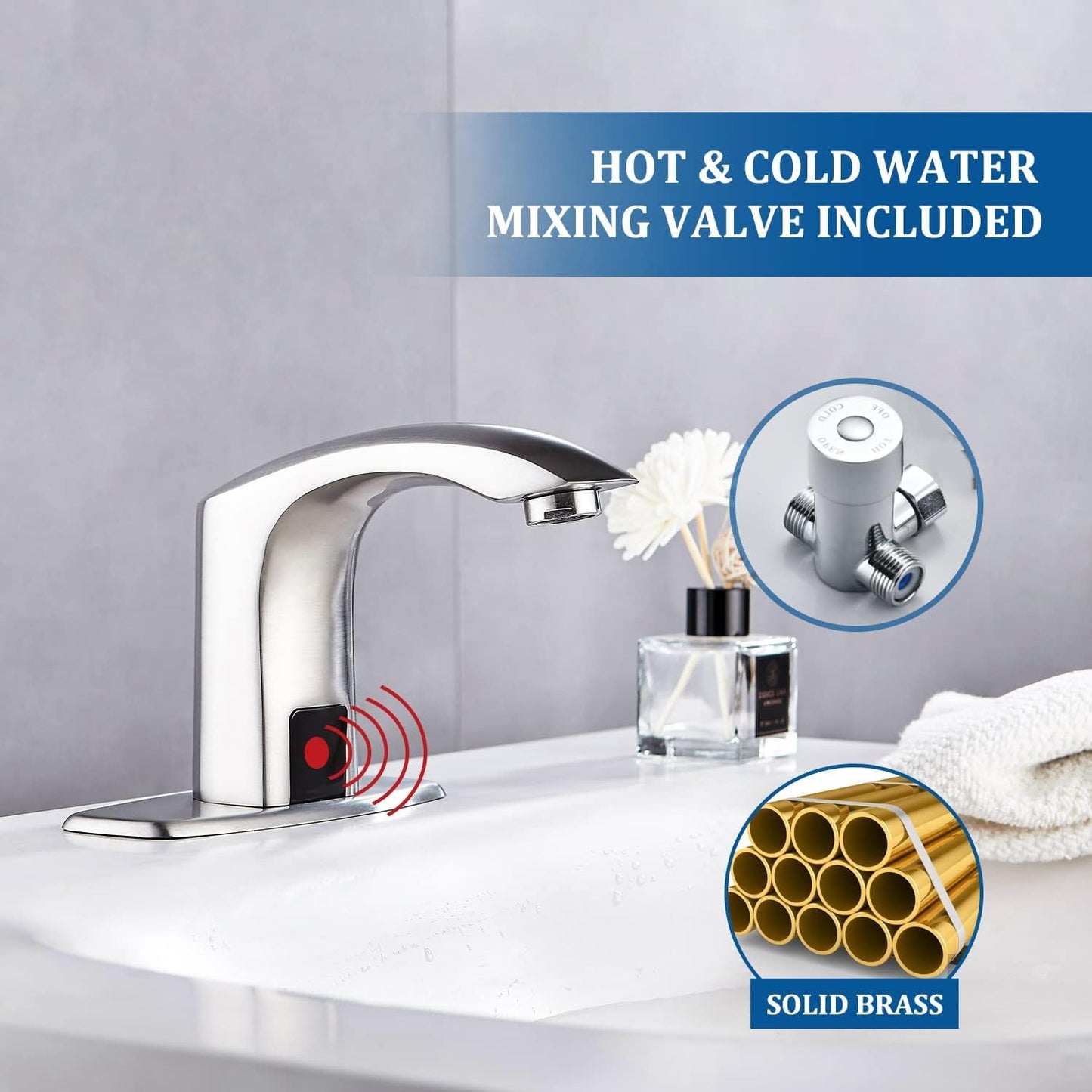 Luxice Sensor Automatic Touchless Bathroom Sink Faucet Hot & Cold Mixer Cover Plate Included Faucet, Brushed Nickel