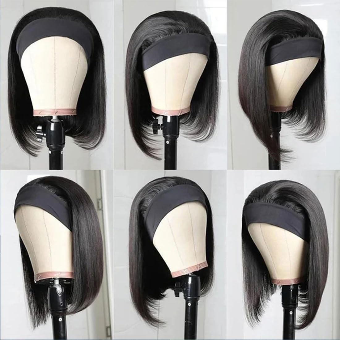 Annora Headband Wigs Human Hair Short Bob Wig Human Hair Straight bob Headband Wig Human Hair Remy Hair Easy Wear and Go Glueless WigsBob Headband Wigs for Women Black Color 150% Density 12 Inch