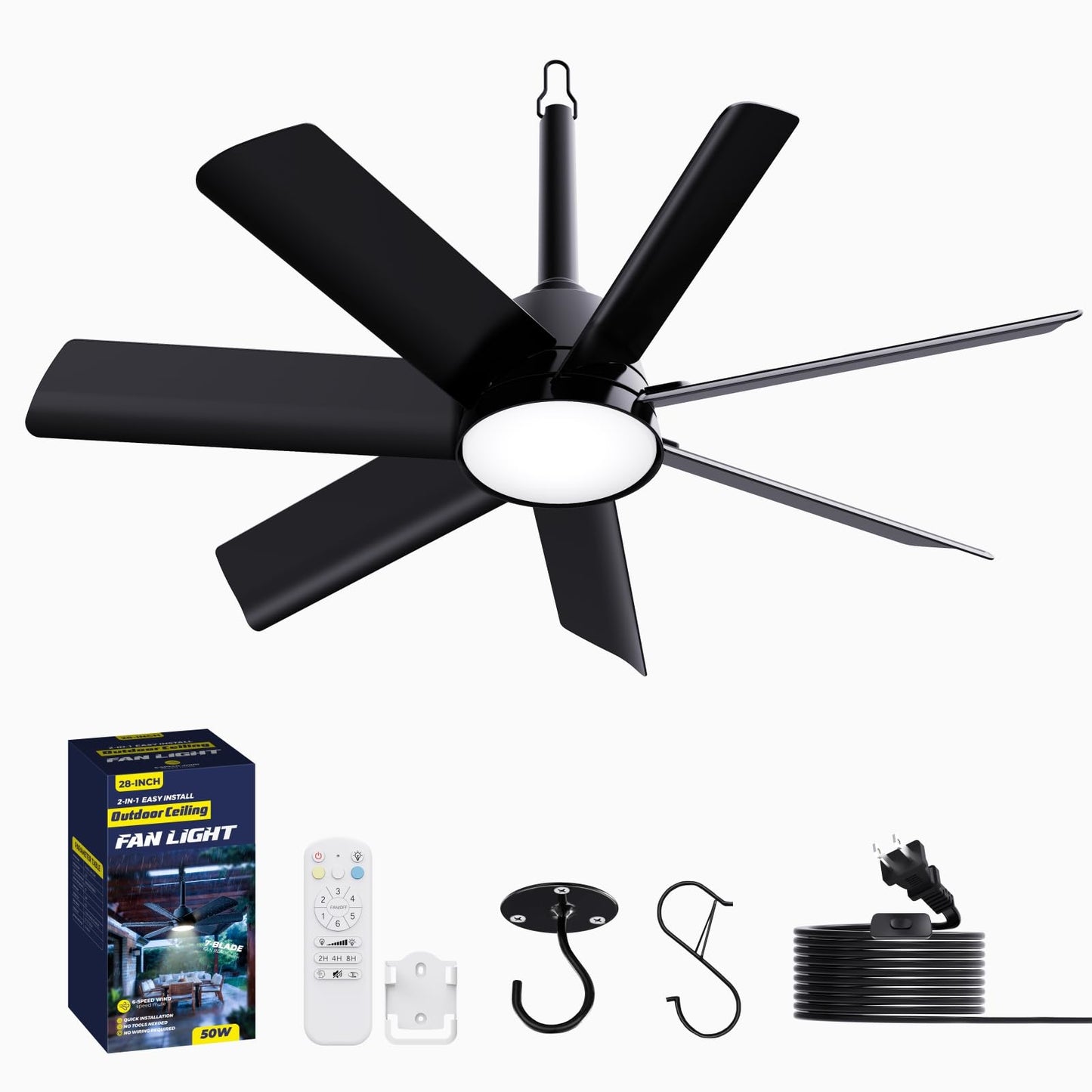 LANMEL 28 Inch Plug-In Outdoor Ceiling Fan with Light and Remote,IP65 Waterproof Hanging Fan Light with Hook,6 Speed,Reversible,3CCT,Dimmable,Portable Gazebo Fan for Patio,Canopy,Porch,Rv(Black)