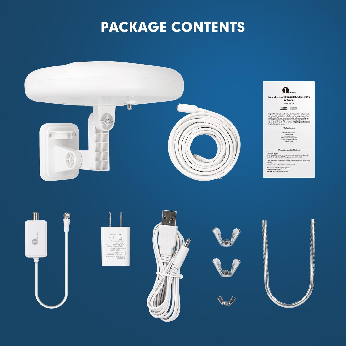 1byone Outdoor TV Antenna 360° Omni-Directional Extended Range Reception Enhance VHF&UHF 4K Ready HDTV Antenna with Added Stability for Outdoor/Attic/RV Use - 39ft RG6 Coax Cable