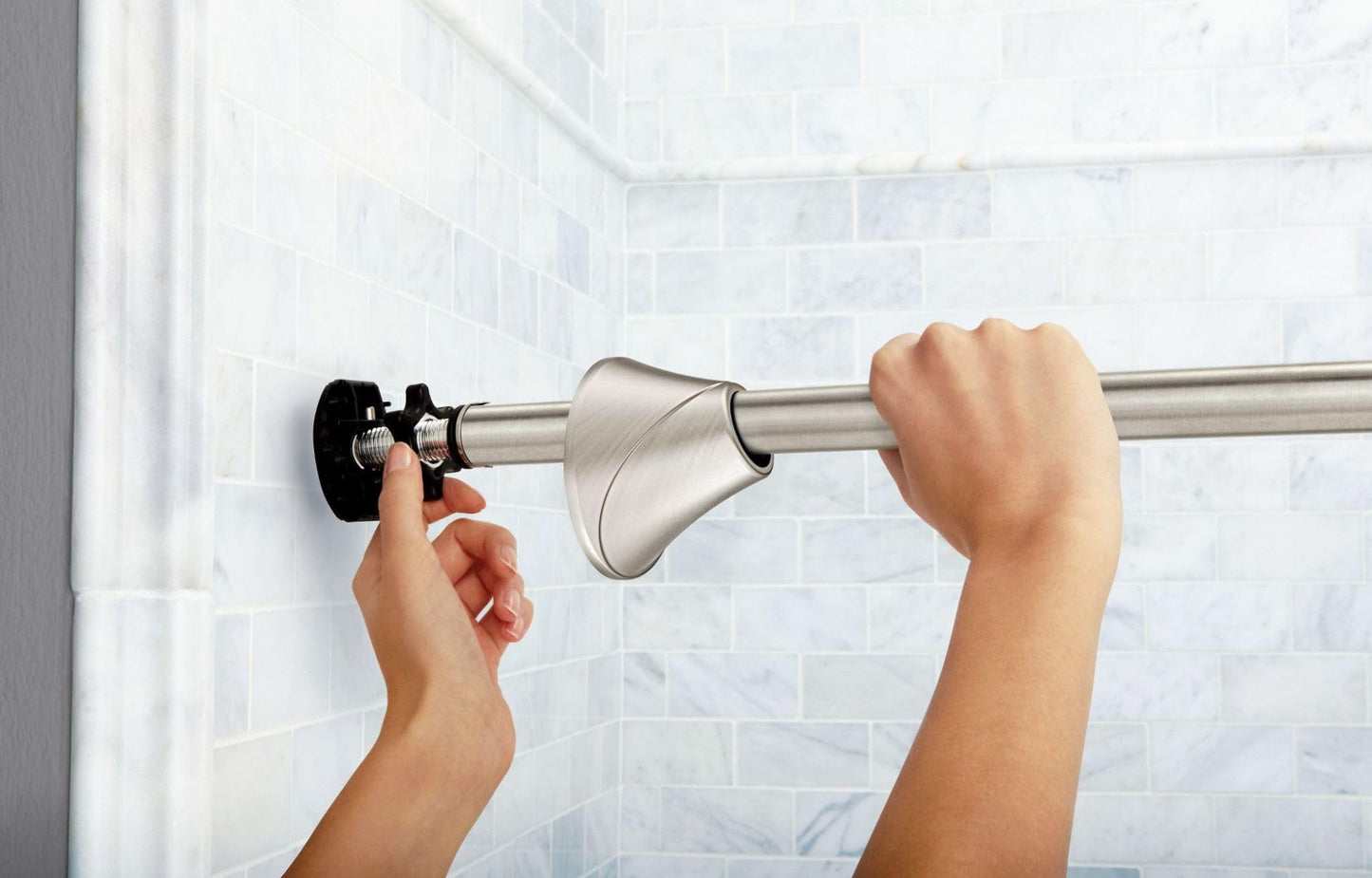 Moen Curved Adjustable Spring Tension No Drill Shower Curtain Rod for Bathroom, Brushed Nickel Finish, CSR2172BN