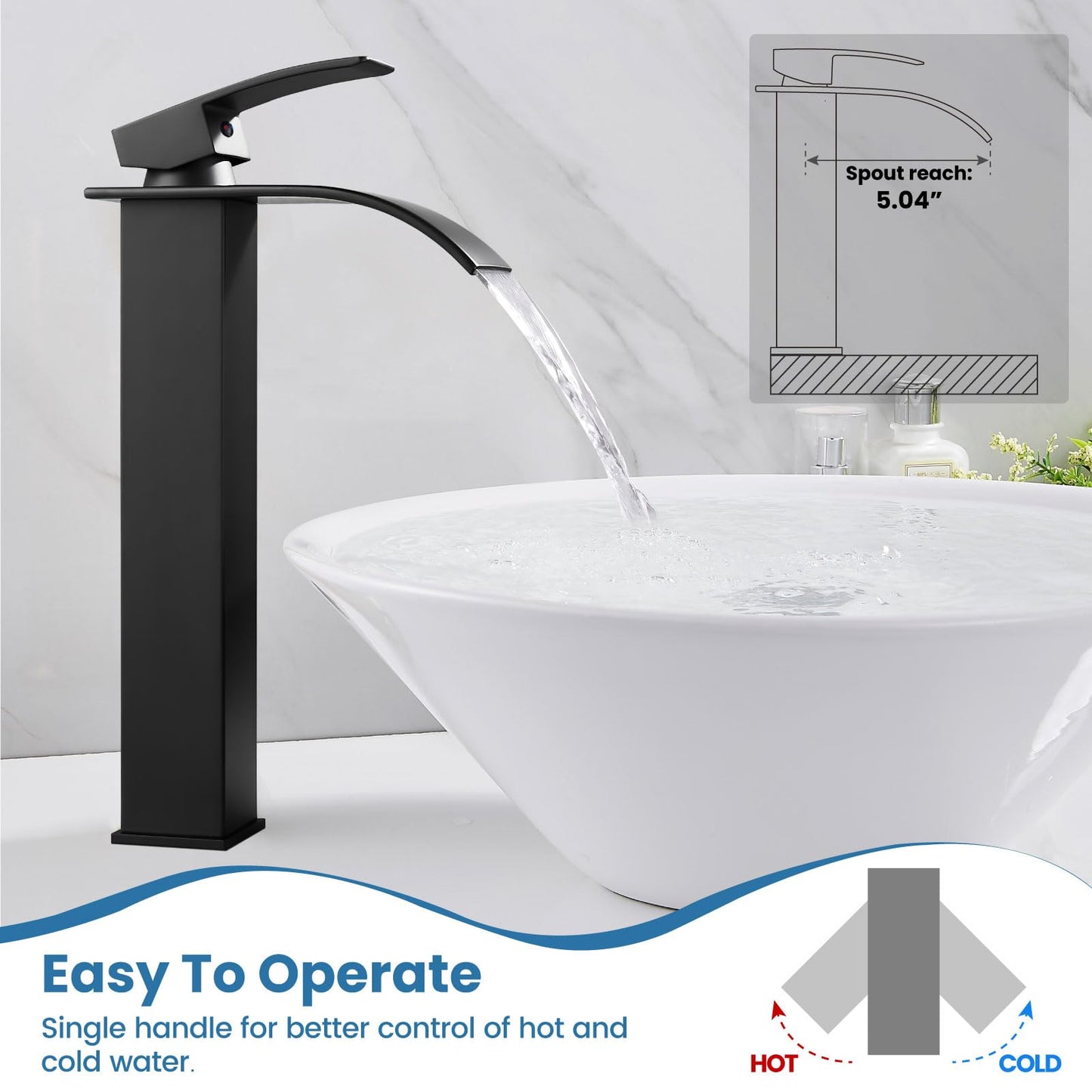 Airuida Vessel Sink Faucet Matte Black, Tall Waterfall Bathroom Faucet, Single Handle One Hole Mixer Bowl Tap with Large Rectangular Spout, Bar Sink Faucet Lavatory Vanity