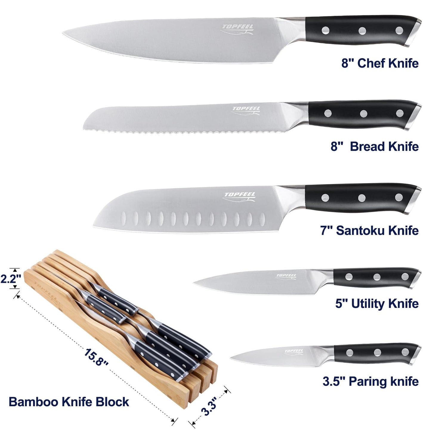 6Pcs Kitchen Knife Set with In-Drawer Bamboo Knife Organizer- 3.5-8 Inch Set Kitchen Knives German High Carbon Stainless Steel Sharp Knife, Knives Set for Kitchen with Ergonomic Handle