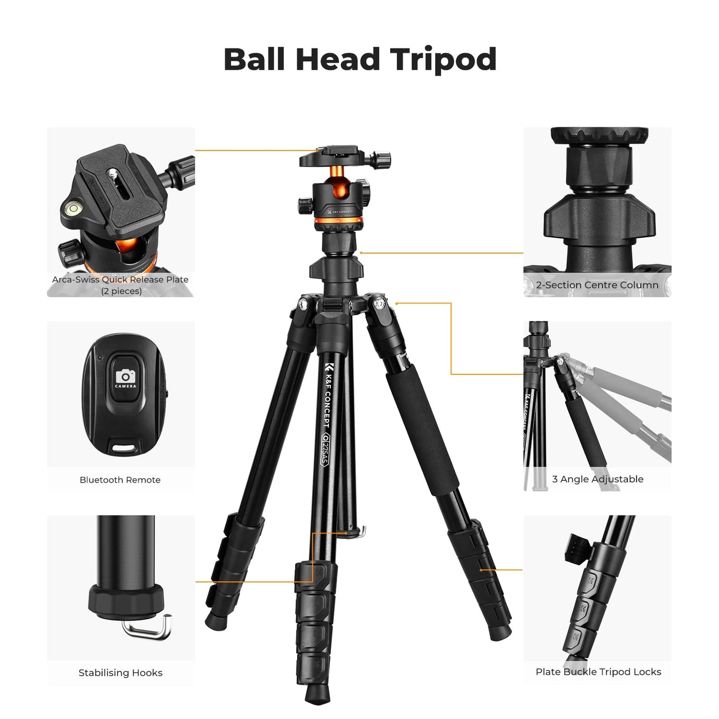 K&F Concept 75.6 inch/192cm Camera Tripod, Heavy Duty DSLR Tripods with 360 Degree Ball Head Load Capacity 8kg/17.6lbs, Detachable Monopod, Cellphone Clip for Smartphone O275A5+BH-36