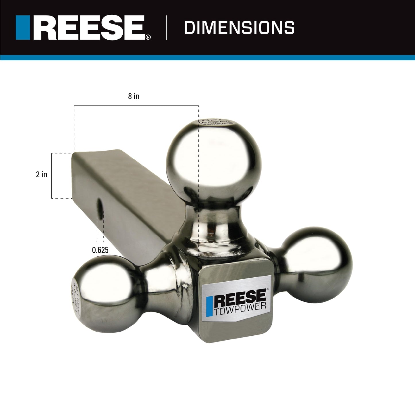 Reese Towpower 7039800 Tri-Ball Trailer Hitch Ball Mount, 1-7/8 Inch, 2 Inch, 2-5/16 Inch Trailer Hitch Balls, Fits 2 Inch Square Receiver, 10,000 lbs. Capacity, Resistance to Rust and Corrosion