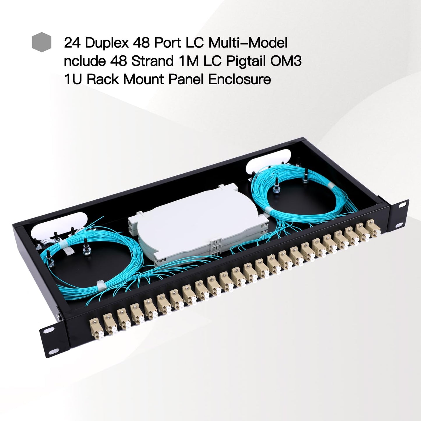 LC-OM3 Multimode Fiber Enclosure - 24 Duplex, 48 Port Rack Mount Box for 19" Racks - 1 RU with LC-UPC Kit, 2 Splice Trays, 48 Strand Pigtail Cables, and LGX Patch Panel