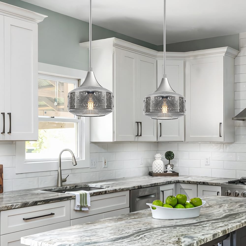 Modern Chrome Pendant Lights Kitchen Island, 9 Inch Smoke Grey Glass Pendant Light with Adjustable Hanging Rod, E26 Socket, for Kitchen Island Lighting, Bathroom, Hallway & Entryway Home Decor