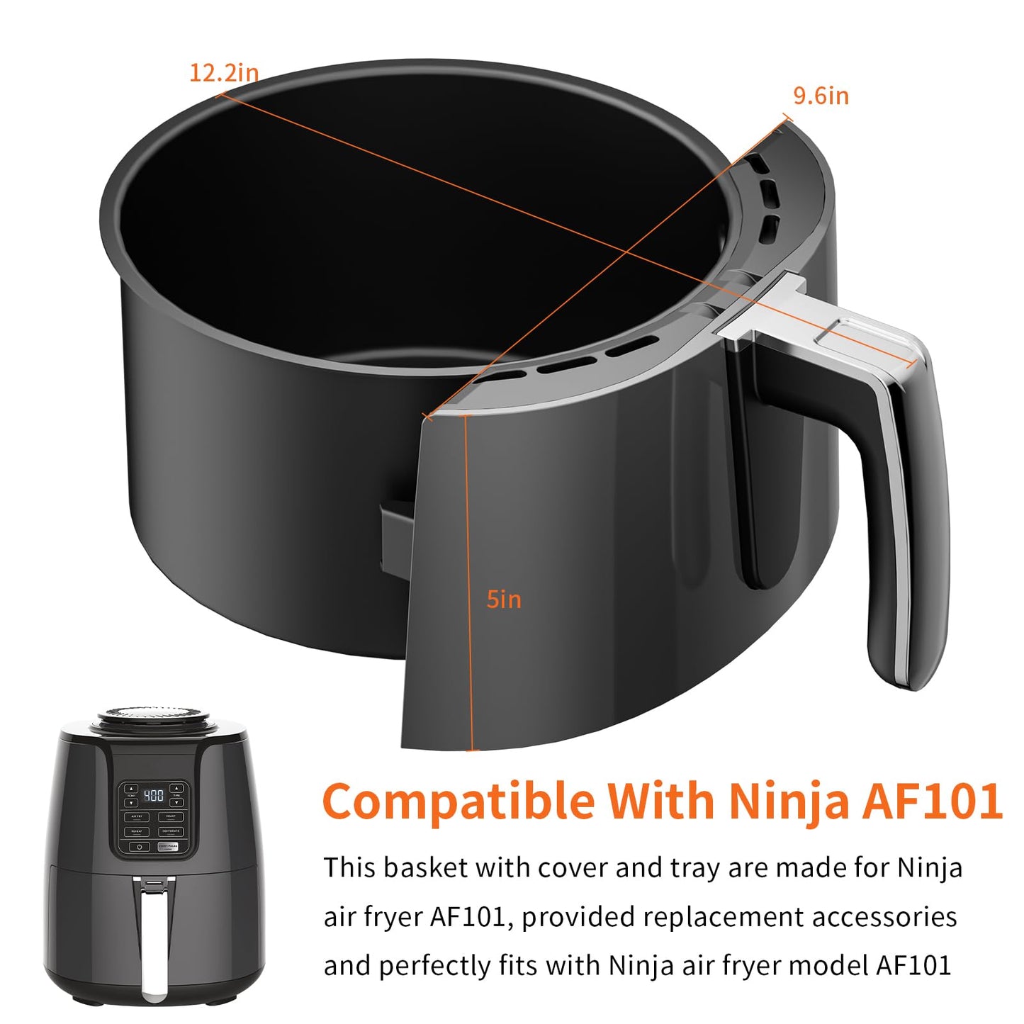 Air Fryer Replacement Basket and Tray for Ninja AF101, Air Fryer Accessories for Ninja AF101, Non-Stick 4 Qt Basket with Cover and Grill Pan, Dishwasher-Safe Replacement Parts