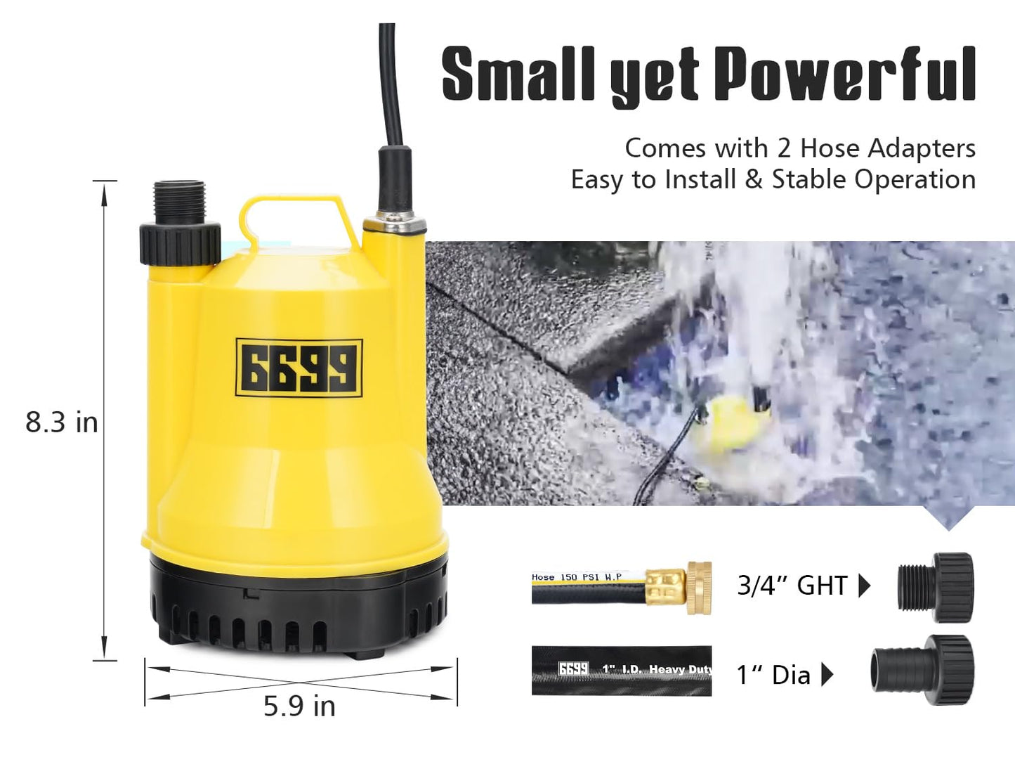 6699 1/6HP Portable Utility Pump Submersible Small Backup Sump Pump Draining pump to Remove Water from Flooding House Basement Pool Tankless Heater Flushing Pump with 10-Foot Cord SUB 1100