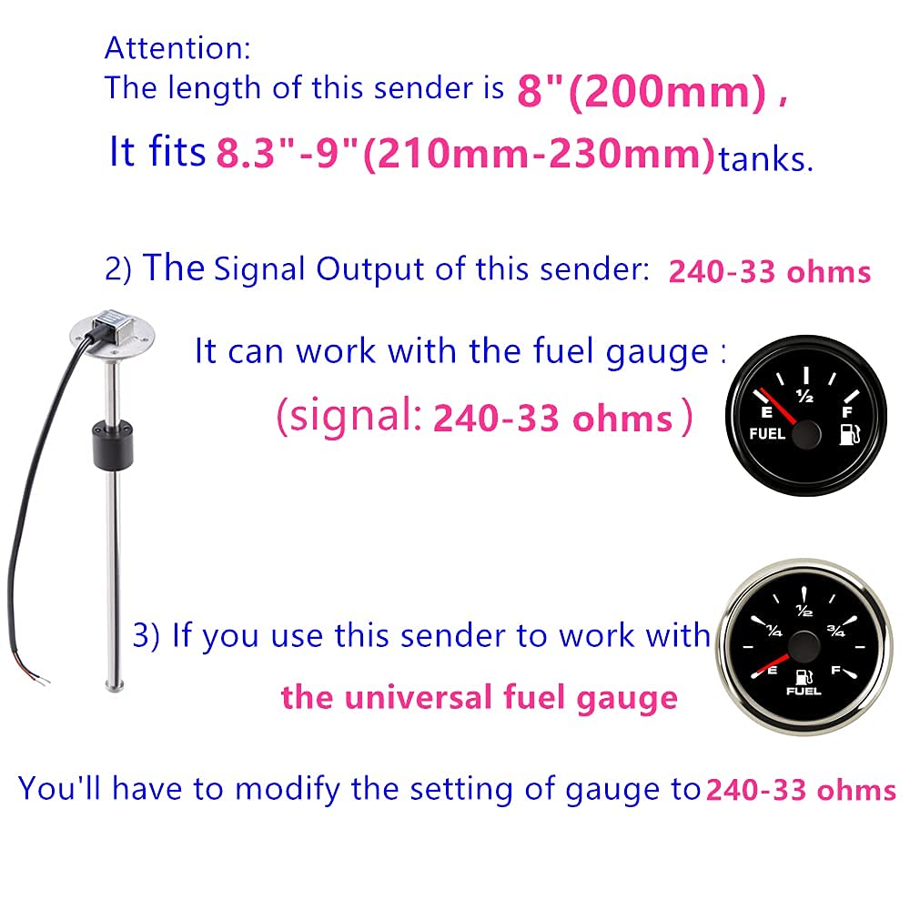 100TECH Fuel Sending Unit 240-33 ohms 8"(200mm) Marine for Boat Vehicle Truck RV Fuel Tank Sending Unit Water Level Sensor Gas Gauge Sender
