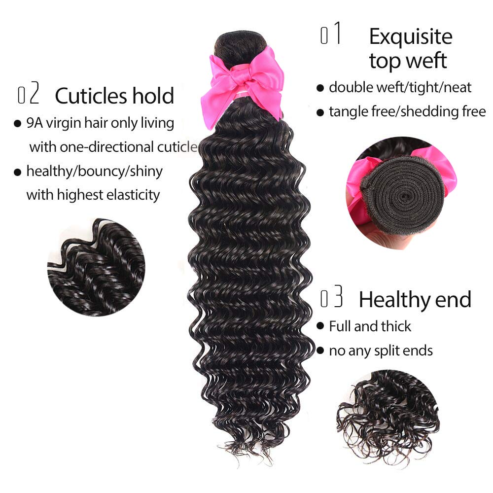 Aatifa Brazilian Virgin Deep Wave 3 Bundles with Closure 9A Grade Unprocessed Human Hair with 4x4 Lace Closure Free Part Natural Color, lace closure, (18/20/22+16 Inch)