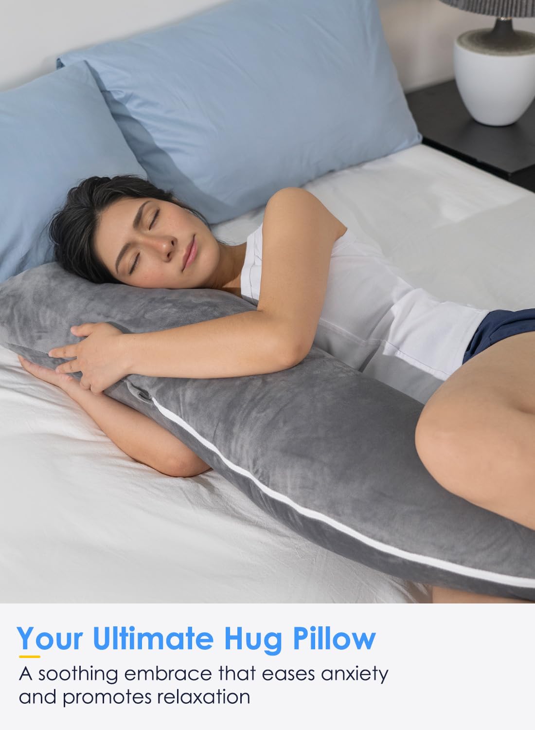 QUEEN ROSE Body Pillow for Side Sleepers, Soft Comfort S Shaped Hug Pillow for Adults, Full Body Support, Velvet Grey