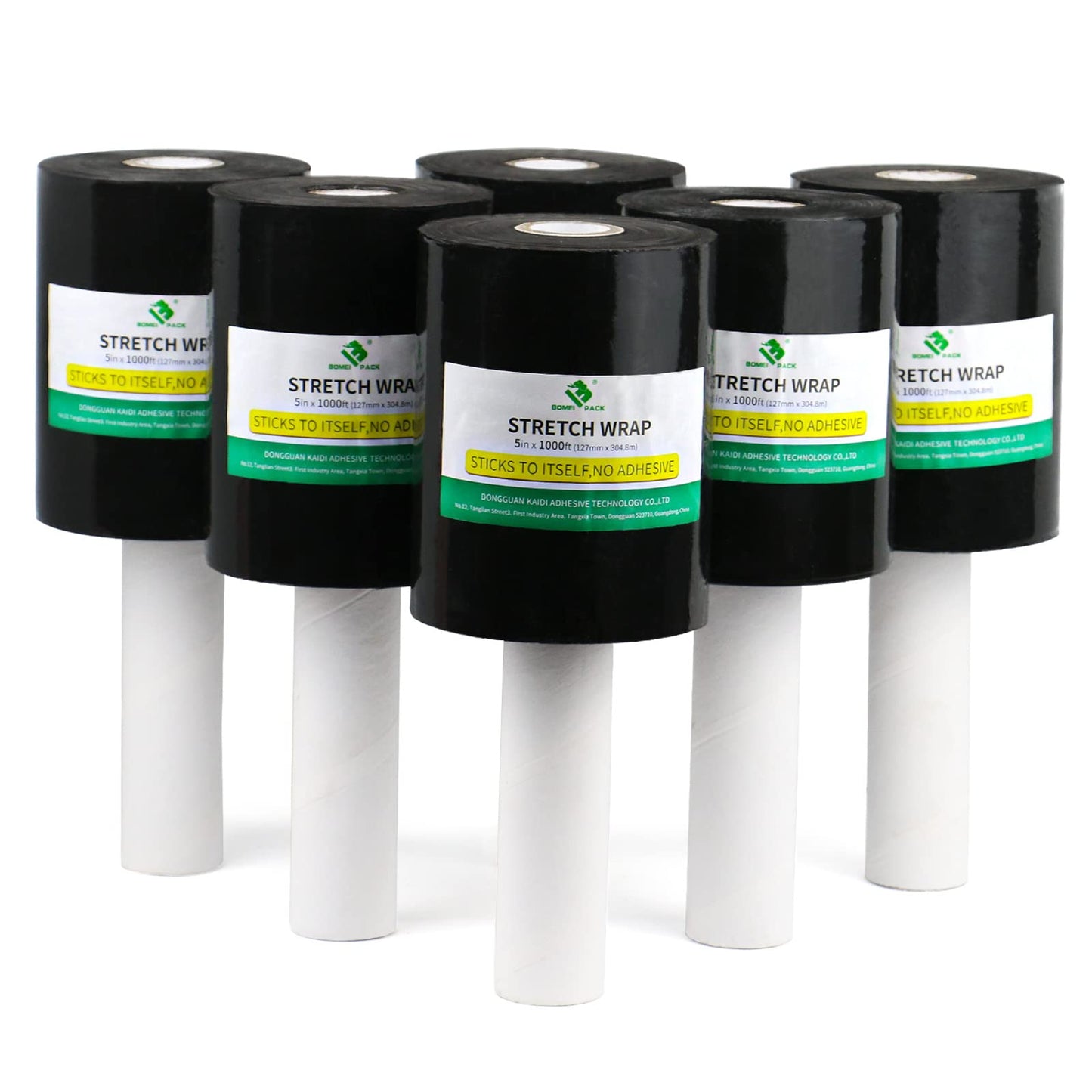 BOMEI PACK 6 Pack Industrial Black Mini Stretch Wrap Roll with Handle, 5" x 1000Feet 80 Gauge for Heavy Duty, Durable Self-Adhering Plastic Wrap for Packing, Moving