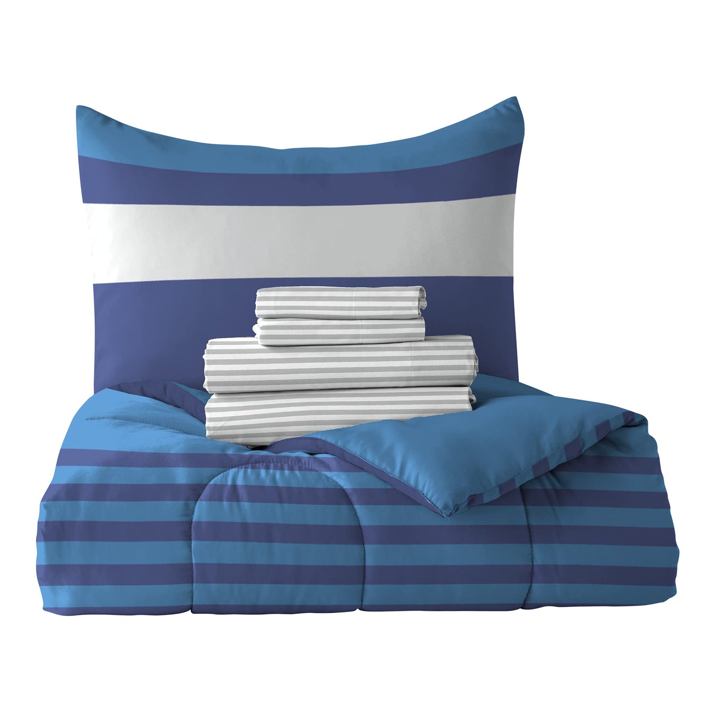 Dream Factory Kids 5-Piece Complete Bed Set Easy-Wash Super Soft Microfiber Comforter Bedding, Twin, Blue Rugby Stripe, (2D872701BL)