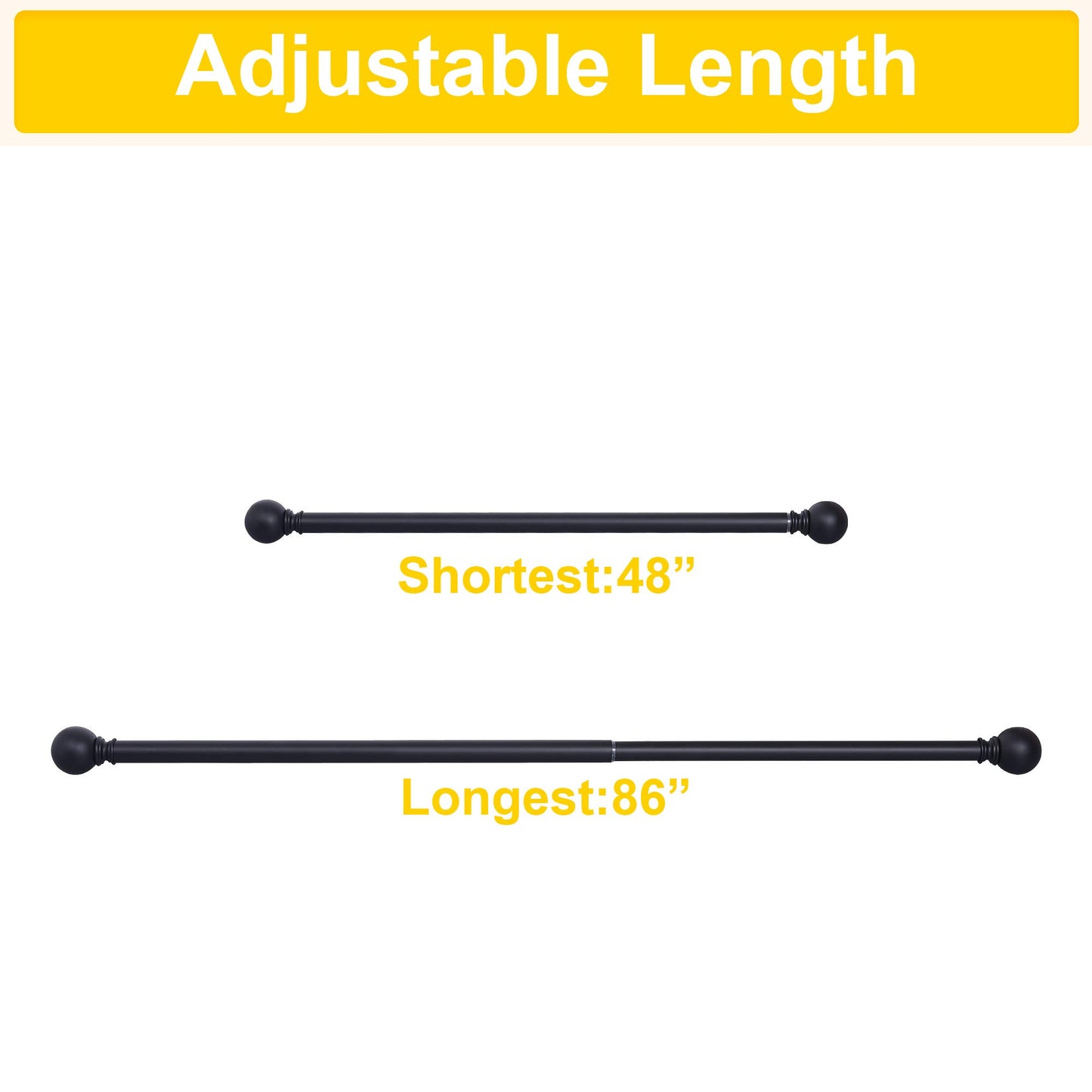 NICETOWN Black Curtain Rods for Window 48 to 86 inch, 1 1/8 Diameter with Ball Finials for Window Treatment, Adjustable Length from 48 to 86-Inch, Matte Black