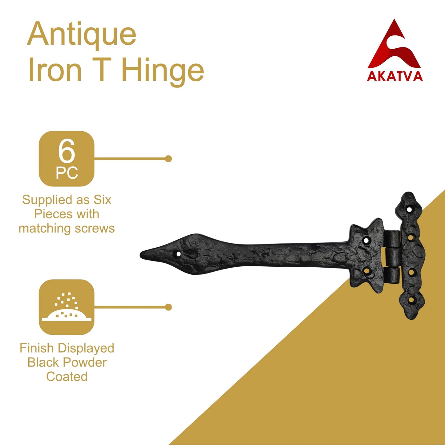 Akatva T Hinge Set - 6 Piece Gate Hinges for Wooden Fences - Heavy Duty Barn & Door Hinges – Black Matt Finish