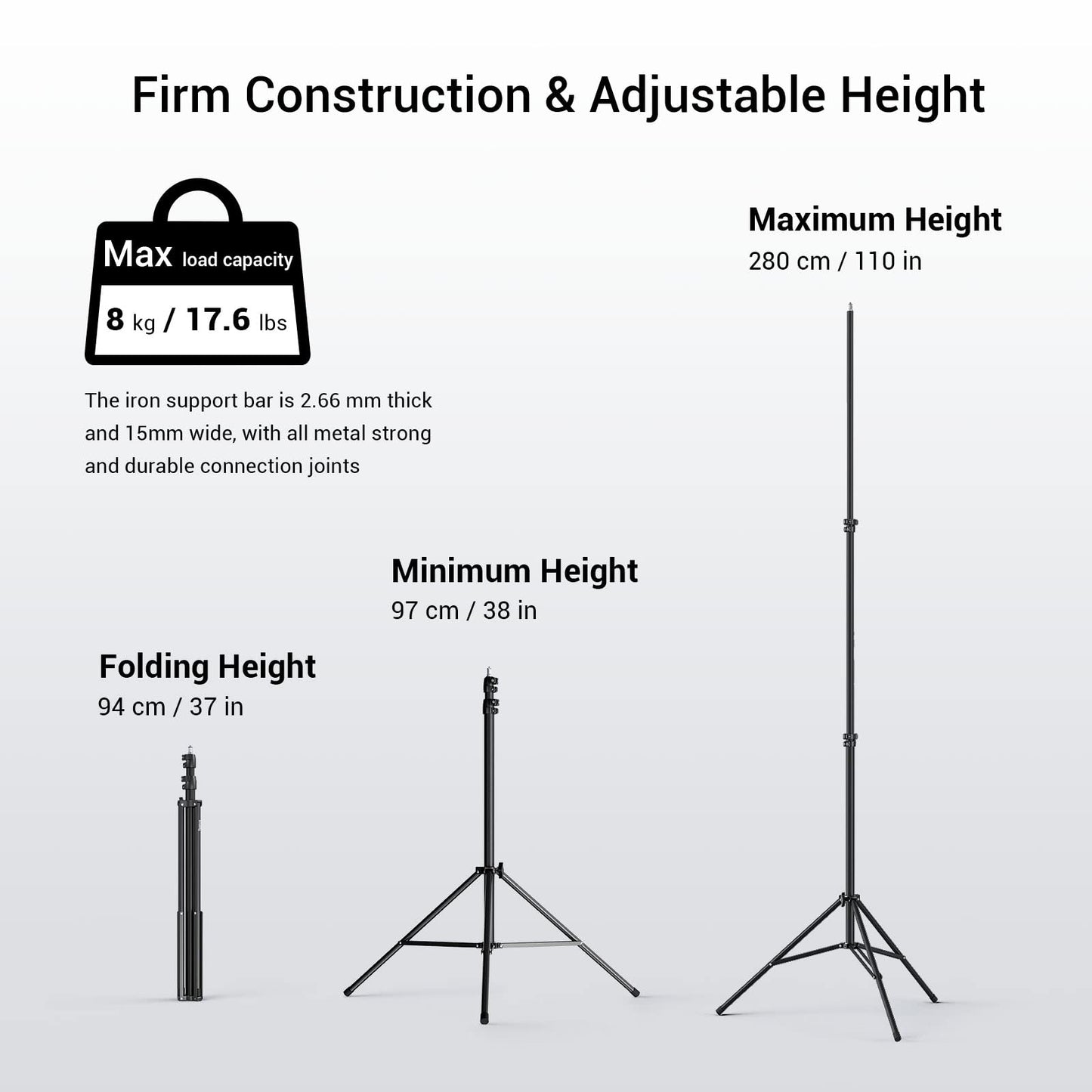 SMALLRIG Photography Light Stand 110"/9.2ft/280cm, Air-Cushioned Aluminum Photo Video Tripod Stand with 1/4" Screw for Softbox, Studio Light, Reflector and Ring Light, Max Load 8kg, RA-S280